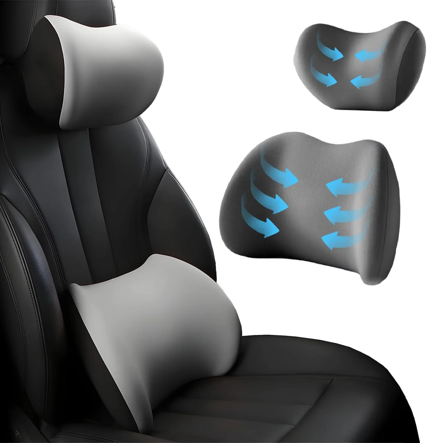 بالشتک پشتیبانی سر و کمر خودرو، پشتیبانی سر و کمر خودرو، بالشتک ارگونومیک پشتی سر و کمر صندلی خودرو، ست بالشتک پشتی سر و کمر خودرو برای تسکین درد گردن و کمر (خاکستری)