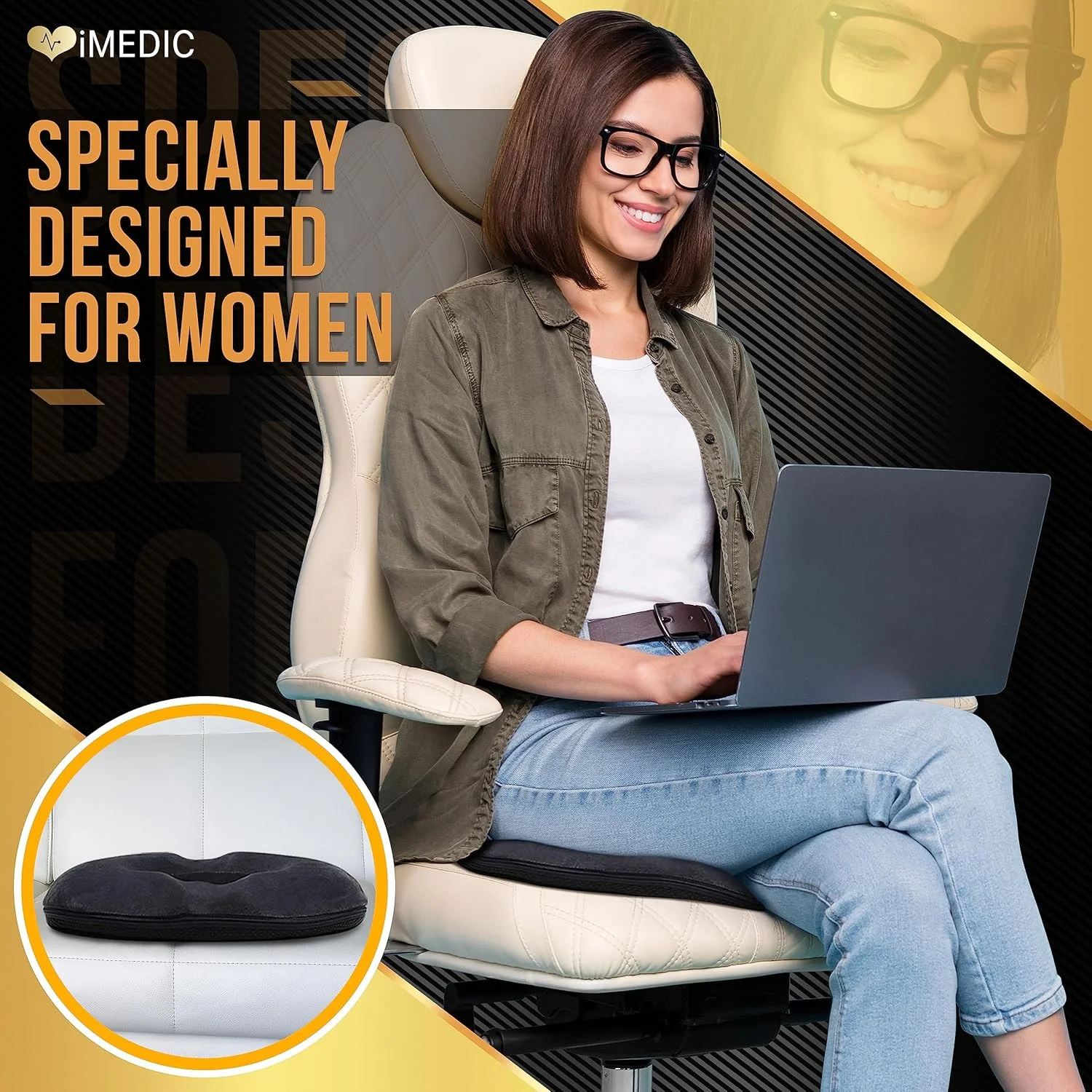 بالشتک دوناتی آی‌مدیک برای بانوان - 1 عدد بالشتک صندلی مشکی برای درد بعد از زایمان - بالشتک صندلی اداری مموری فوم - بالشتک فشار برای نشیمنگاه - بالشتک دنبالچه برای درد دنبالچه