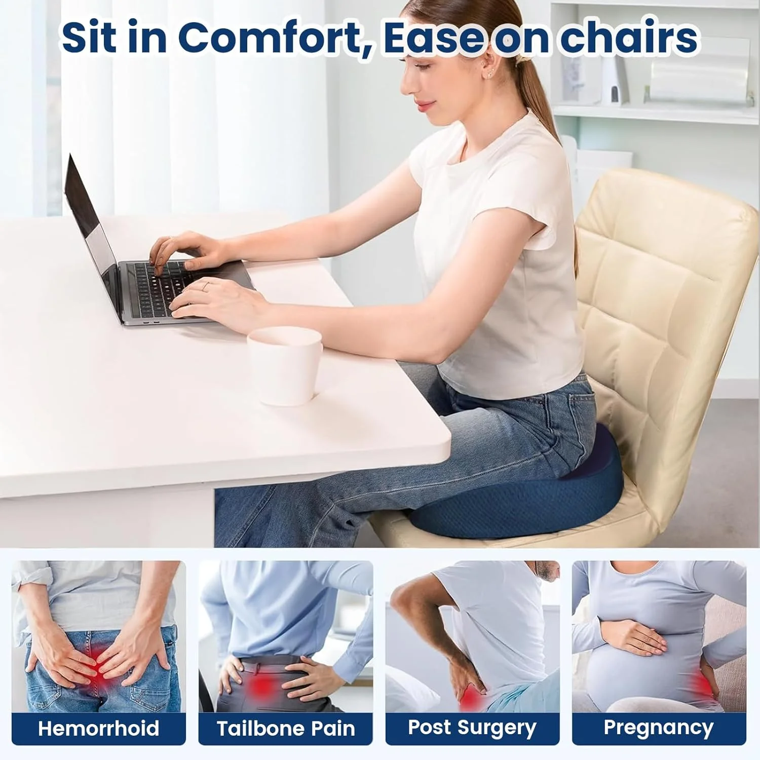 بالشتک صندلی مموری فوم، بالشتک اداری تنفسی ضد لغزش، تسکین درد، صندلی ارگونومیک دنبالچه، بالشتک صندلی خودرو برای تسکین درد دنبالچه، بالشتک صندلی اداری (آبی)