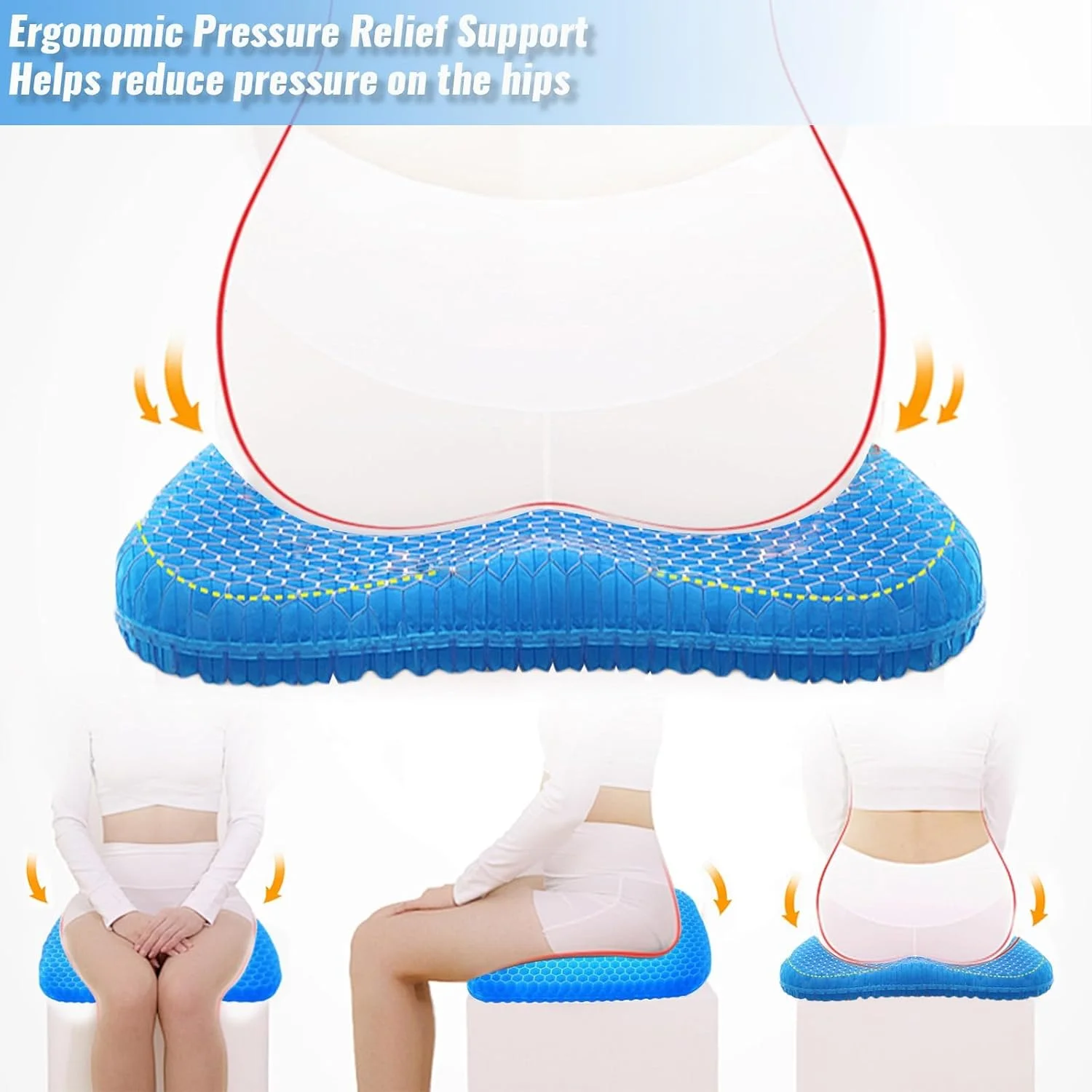 بالشتک ژله ای لانه زنبوری صندلی با روکش قابل جابجایی - پشتیبانی دنبالچه U شکل برای تسکین درد دنبالچه، پد کاهش فشار برای صندلی اداری و ماشین (راحتی ارگونومیک برای نشستن طولانی)