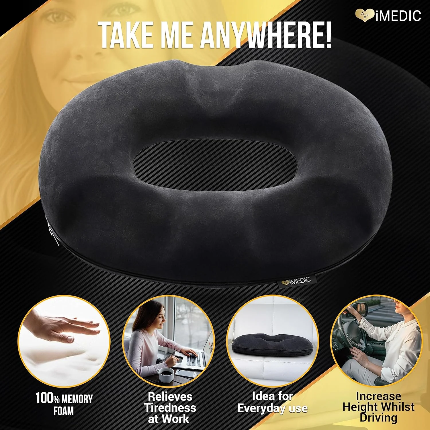 بالشتک دوناتی آی‌مدیک برای بانوان - 1 عدد بالشتک صندلی مشکی برای درد بعد از زایمان - بالشتک صندلی اداری مموری فوم - بالشتک فشار برای نشیمنگاه - بالشتک دنبالچه برای درد دنبالچه