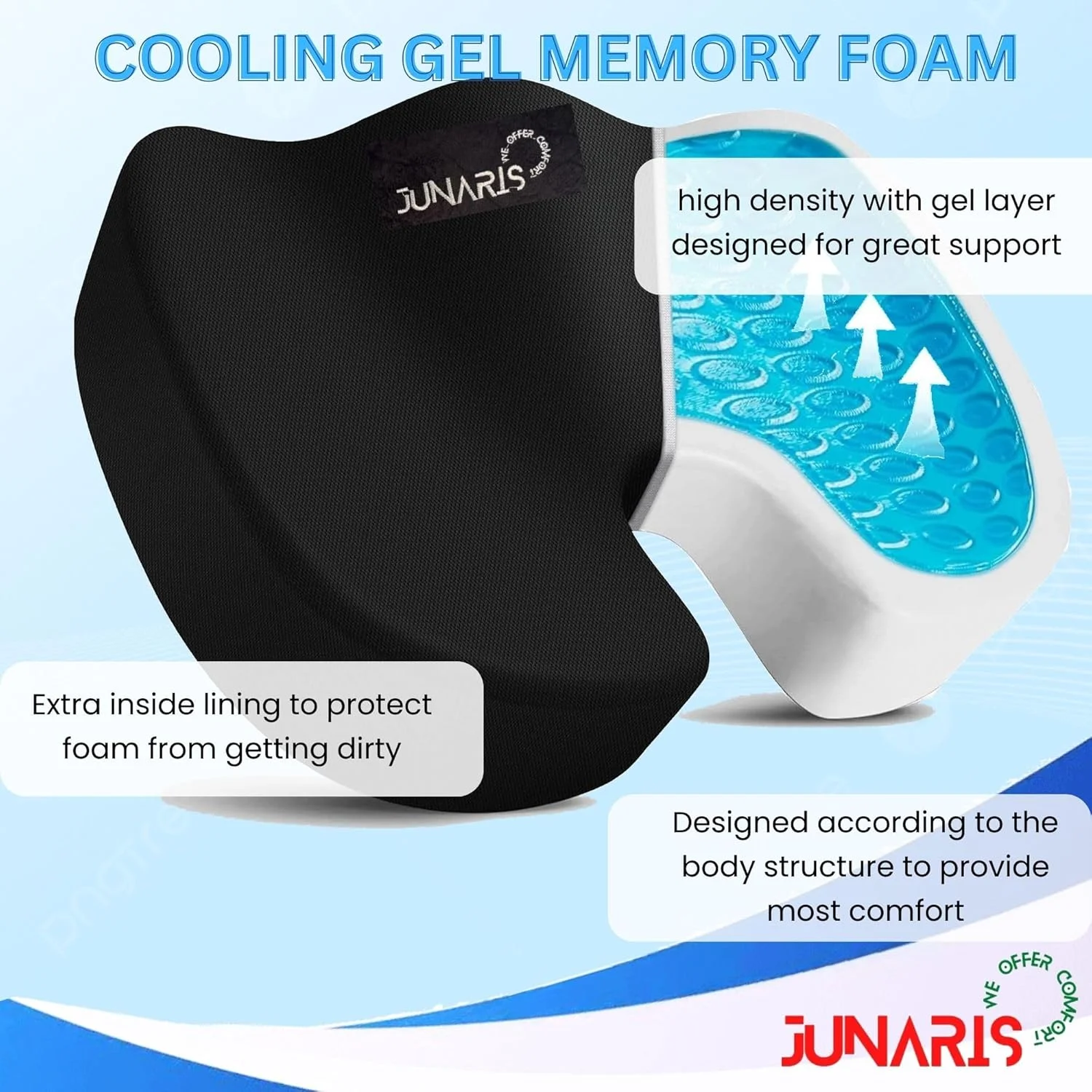 بالشتک صندلی ژلی تقویت شده - بالشتک استخوانی دنبالچه فوم حافظه دار و ژل ارتوپدی ضد لغزش برای درد دنبالچه - بالشتک صندلی ماشین اداری - تسکین درد سیاتیک و کمر (مشکی)