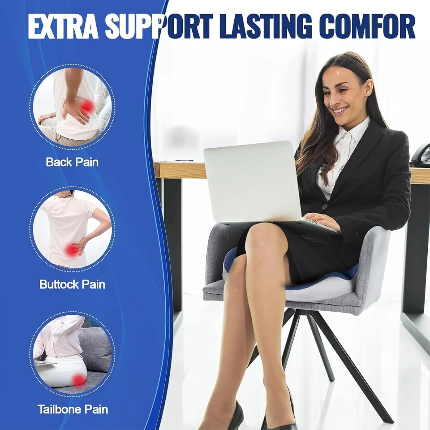 بالشتک صندلی مموری فوم برای تسکین درد دنبالچه، بالشتک صندلی ارتوپدی برای صندلی اداری، صندلی ماشین، هواپیما، بالشت ماساژ دنبالچه راحت برای نشستن طولانی مدت (آبی)