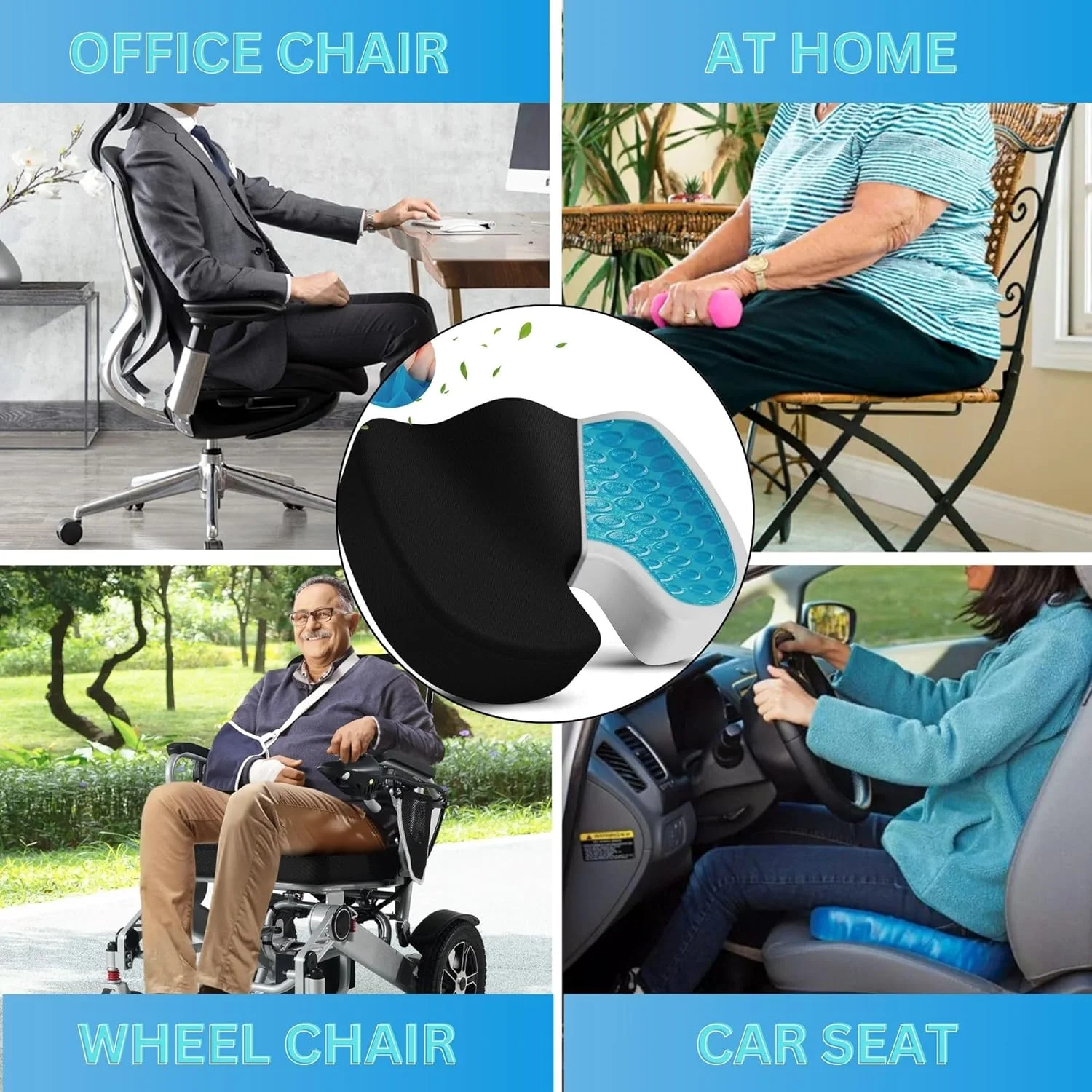 بالشتک صندلی ژلی تقویت شده - بالشتک استخوانی دنبالچه فوم حافظه دار و ژل ارتوپدی ضد لغزش برای درد دنبالچه - بالشتک صندلی ماشین اداری - تسکین درد سیاتیک و کمر (مشکی)