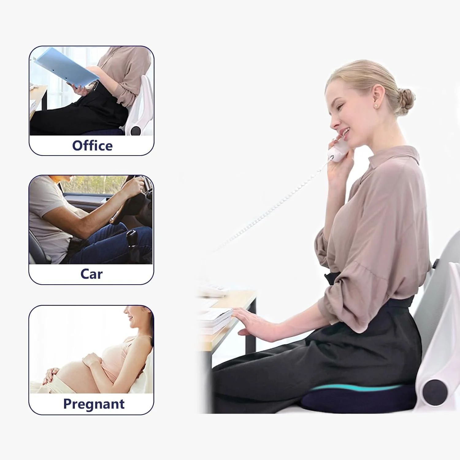 کوسن صندلی فوم حافظه‌دار KASTWAVE، کوسن دوناتی صندلی با طراحی ارگونومیک ارتوپدی، کوسن دنبالچه برای تسکین درد دنبالچه، بواسیر، ماشین، صندلی اداری، ویلچر (آبی)