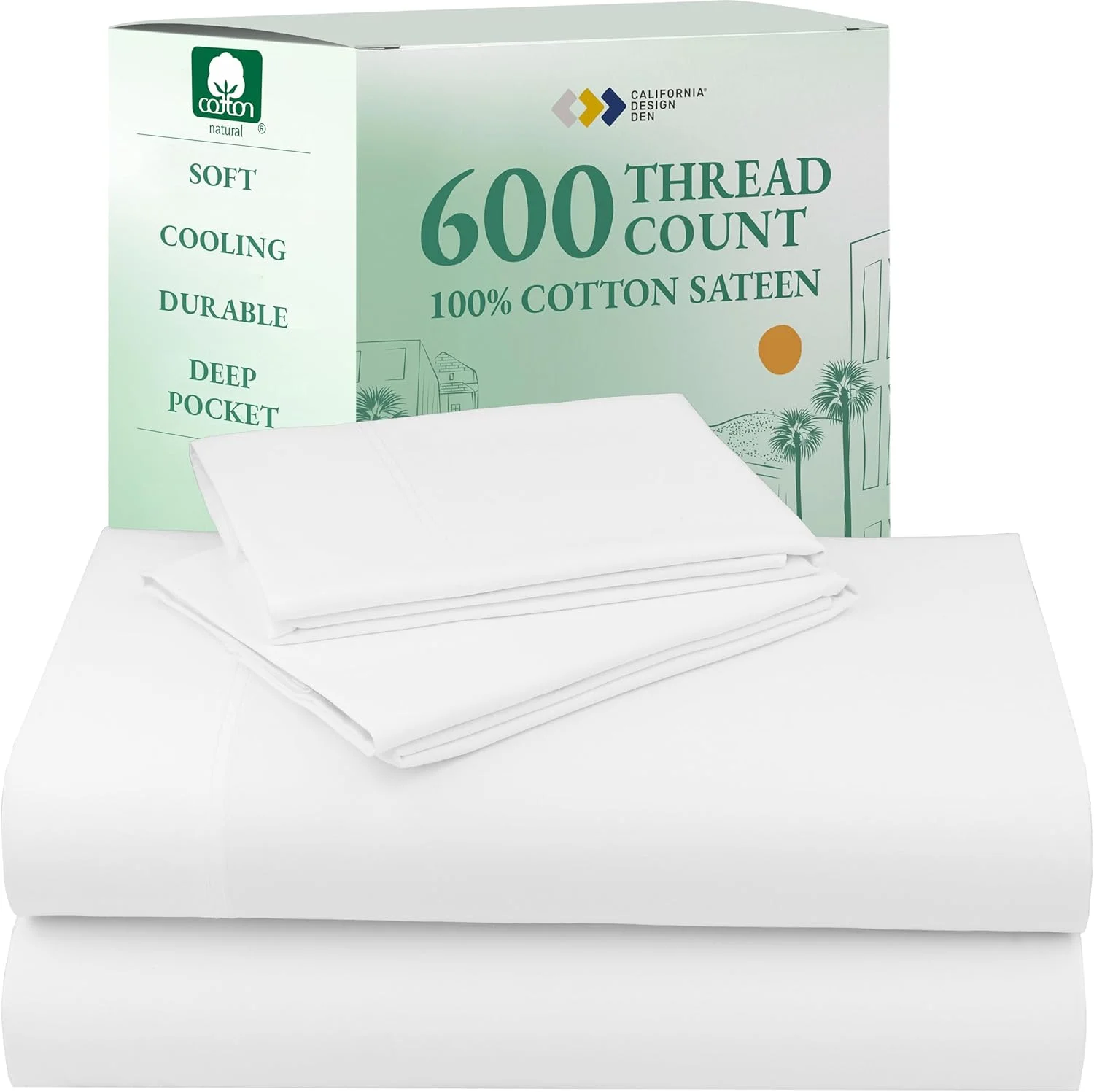 ست ملحفه کینگ سایز لوکس کالیفرنیا دیزاین دن، 600 نخ، 100% پنبه، 4 تکه جیب عمیق، ملحفه های 5 ستاره هتلی، نرم تر از ملحفه های پنبه ای مصری، (ملحفه تخت کینگ سفید)