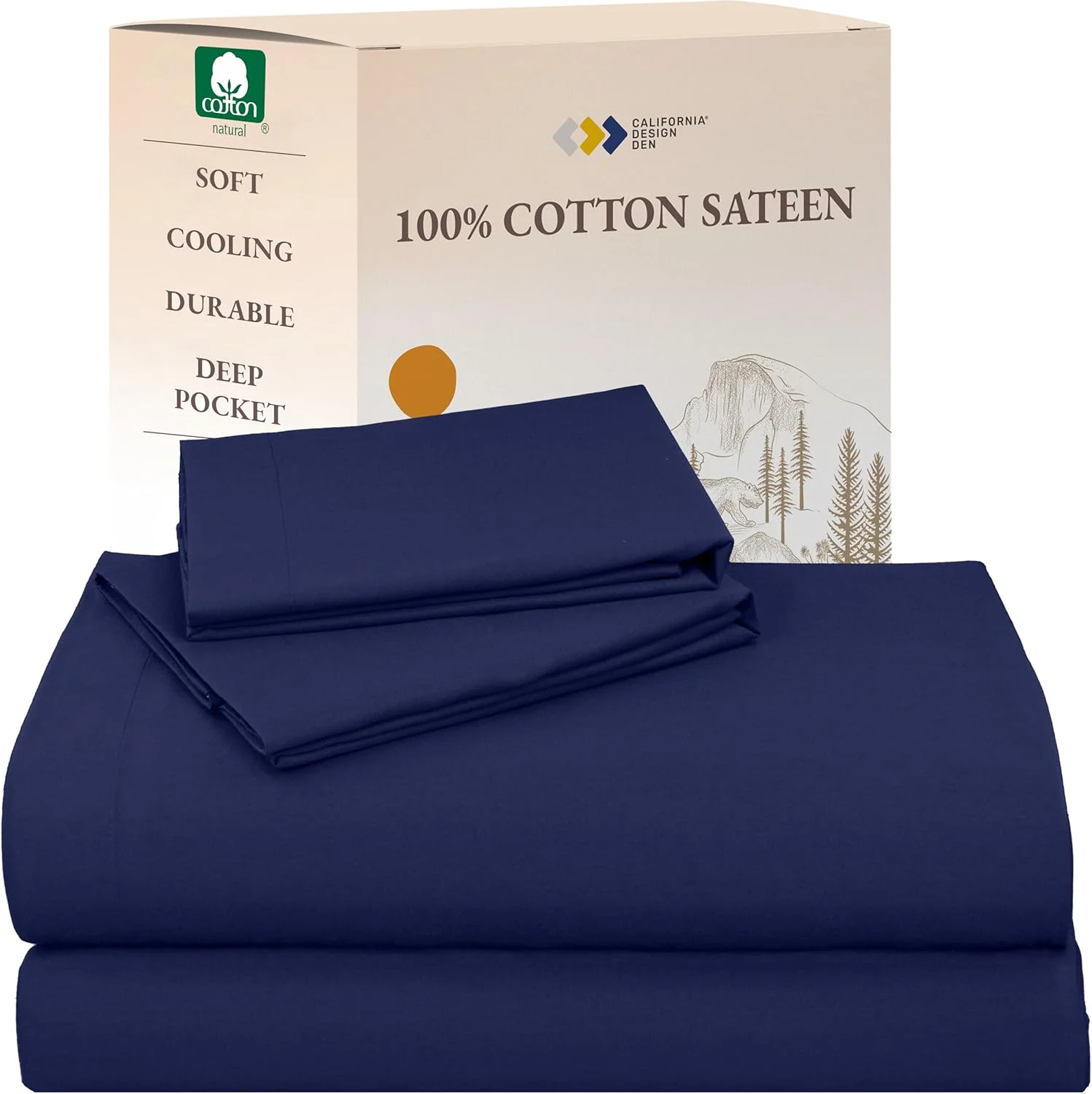 ملحفه های نرم 100% پنبه ای کالیفرنیا دیزاین دن، ملحفه های تخت خواب سایز کینگ با جیب عمیق، ست ملحفه 4 تکه با بافت ساتن، ملحفه های خنک کننده - آبی سرمه ای