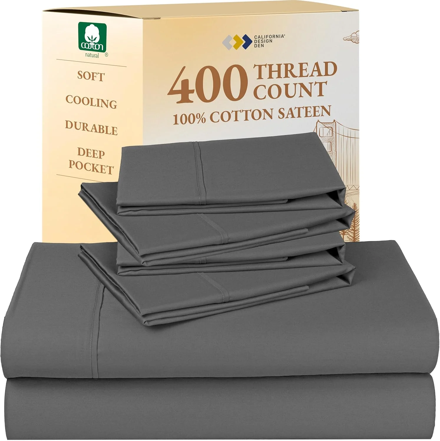 ملحفه های نخی کالیفرنیا دیزاین دن، با تراکم 400، بافت ساتن لوکس، ملحفه های جیب دار عمیق، 4 روبالشتی (کینگ، خاکستری تیره) 6 تکه