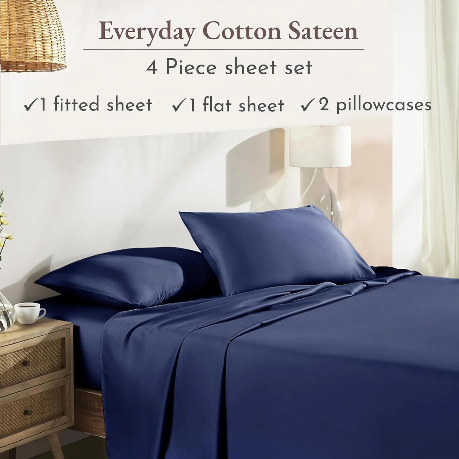 ملحفه های نرم 100% پنبه ای کالیفرنیا دیزاین دن، ملحفه های تخت خواب سایز کینگ با جیب عمیق، ست ملحفه 4 تکه با بافت ساتن، ملحفه های خنک کننده - آبی سرمه ای