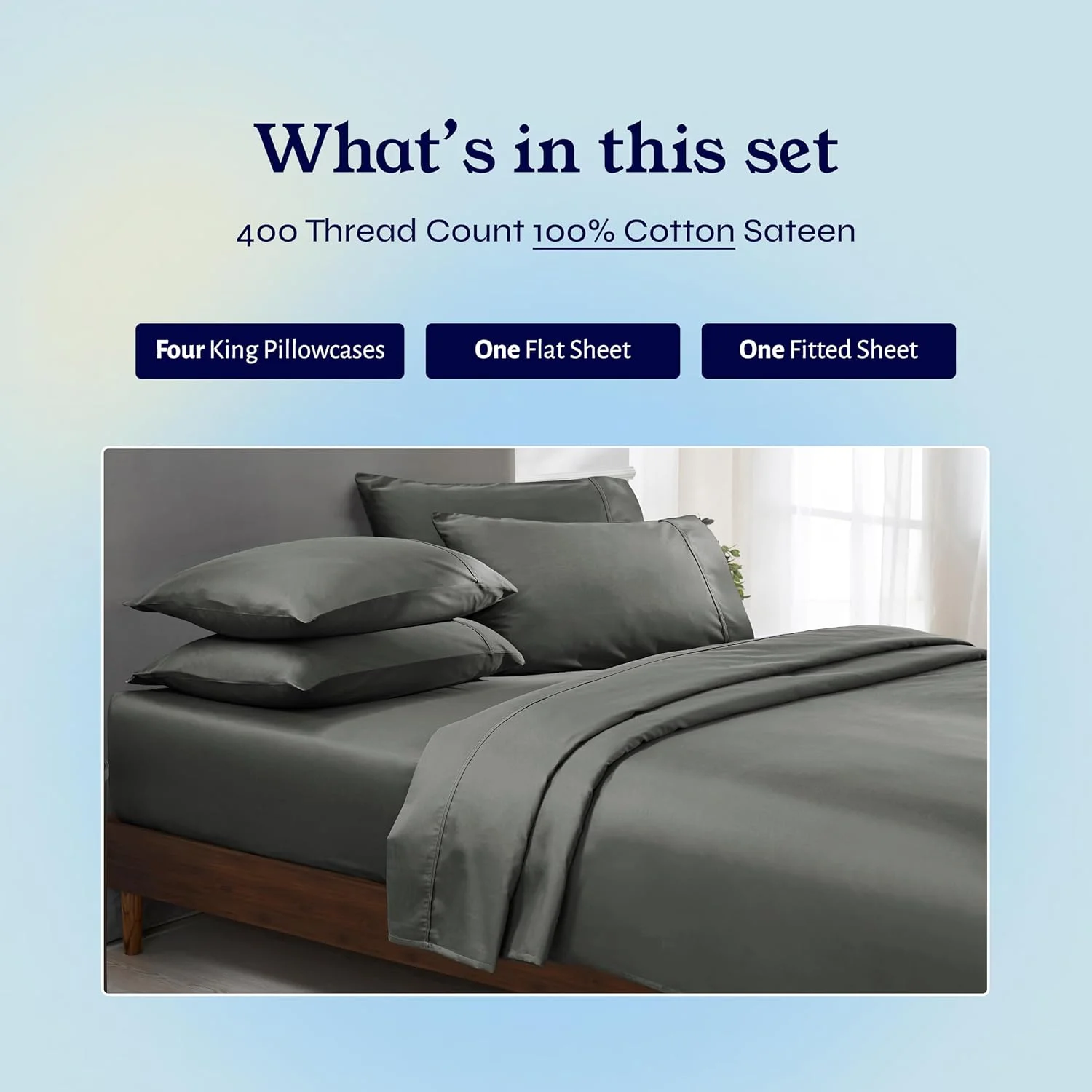 ملحفه های نخی کالیفرنیا دیزاین دن، با تراکم 400، بافت ساتن لوکس، ملحفه های جیب دار عمیق، 4 روبالشتی (کینگ، خاکستری تیره) 6 تکه