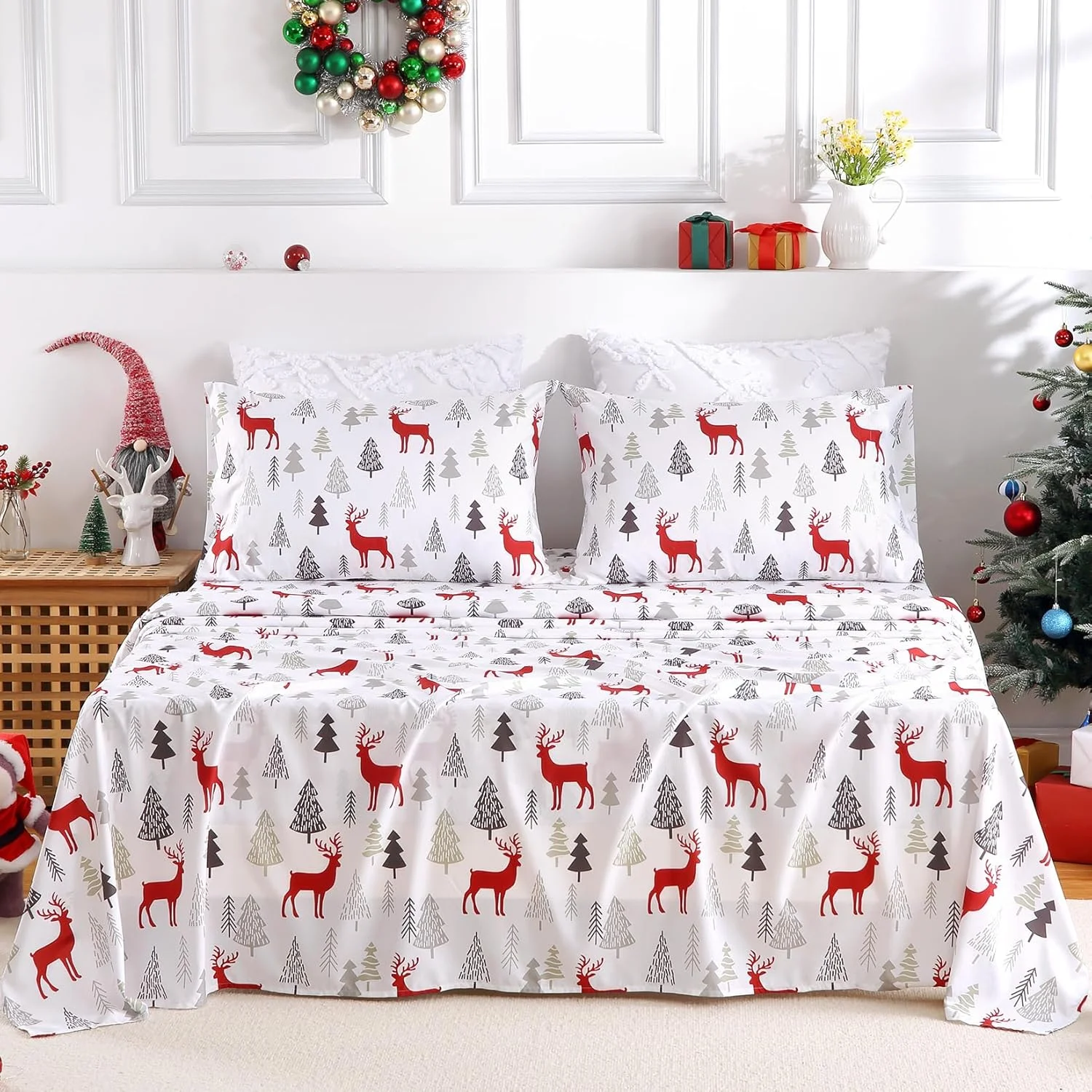 ملحفه تخت خواب کریسمس CAROMIO سایز کینگ، ست ملحفه نرم میکروفایبر برس خورده، ملحفه کش دار با جیب عمیق 16 اینچی، ست ملحفه تعطیلات زمستانی (طرح کریسمس، کینگ)