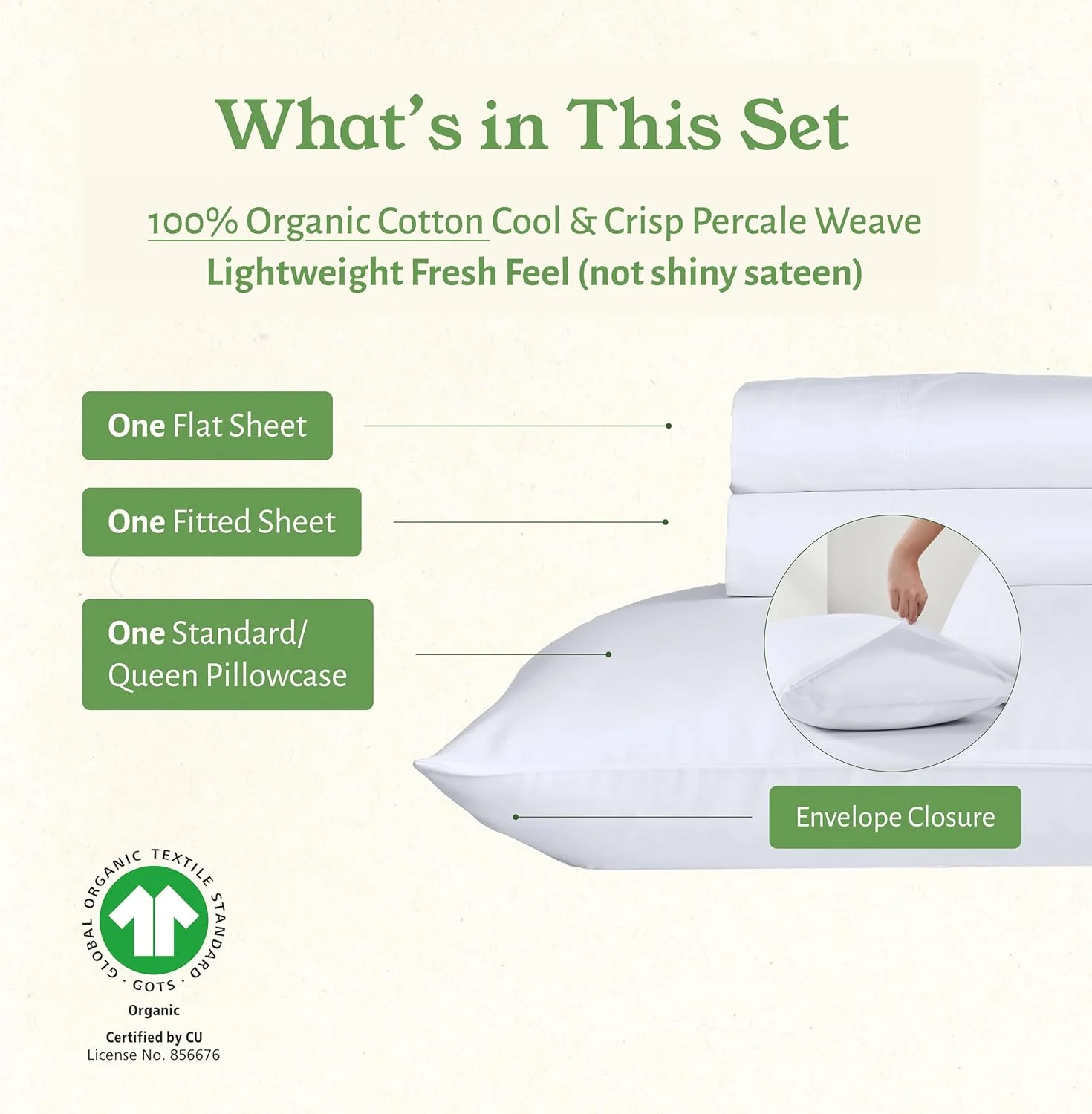 ست ملحفه یک نفره کالیفرنیا دیزاین دن، ملحفه های 100% پنبه ارگانیک - دارای گواهی GOTS، ملحفه های پرکال - ملحفه های نرم، خنک و ترد، جیب های عمیق، ست ملحفه 3 تکه یک نفره، ملحفه های سفید