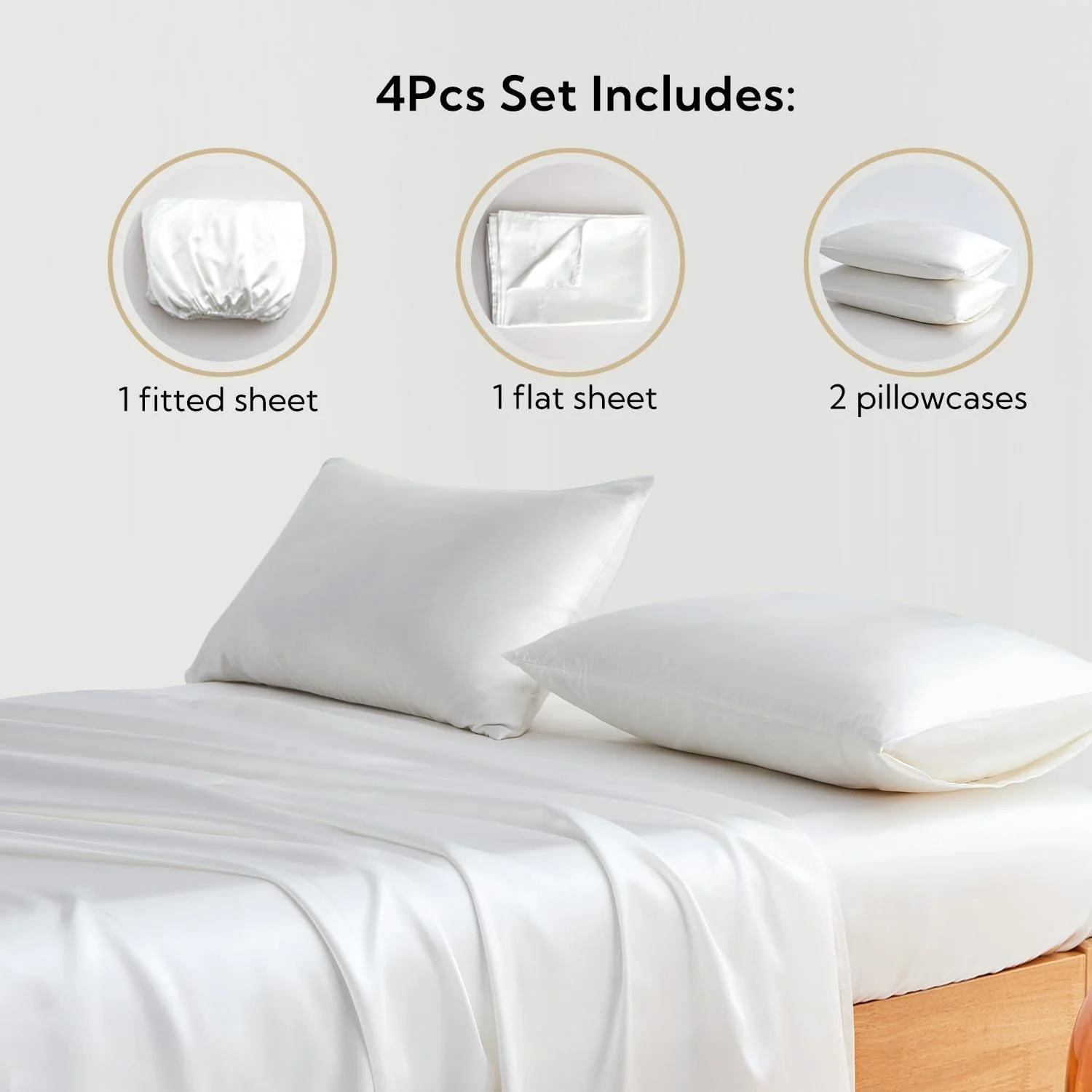 ست ملحفه ساتن Candoury مناسب تخت کویین، 4 تکه، روبالشتی نرم و بادوام، ملحفه رو و ملحفه کش‌دار، ست ملحفه ساتن ابریشمی لوکس هتلی (کویین، عاجی)