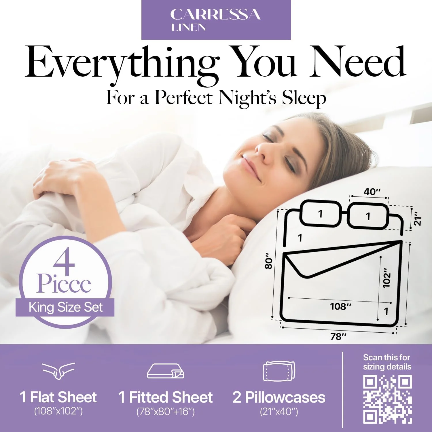 ست ملحفه 4 تکه کینگ سایز پنبه مصری لوکس کارسا لینن - 600 نخ، جیب عمیق، ملحفه رو و زیر، نرم، خنک کننده، مناسب هتل با بافت ساتن - سفید