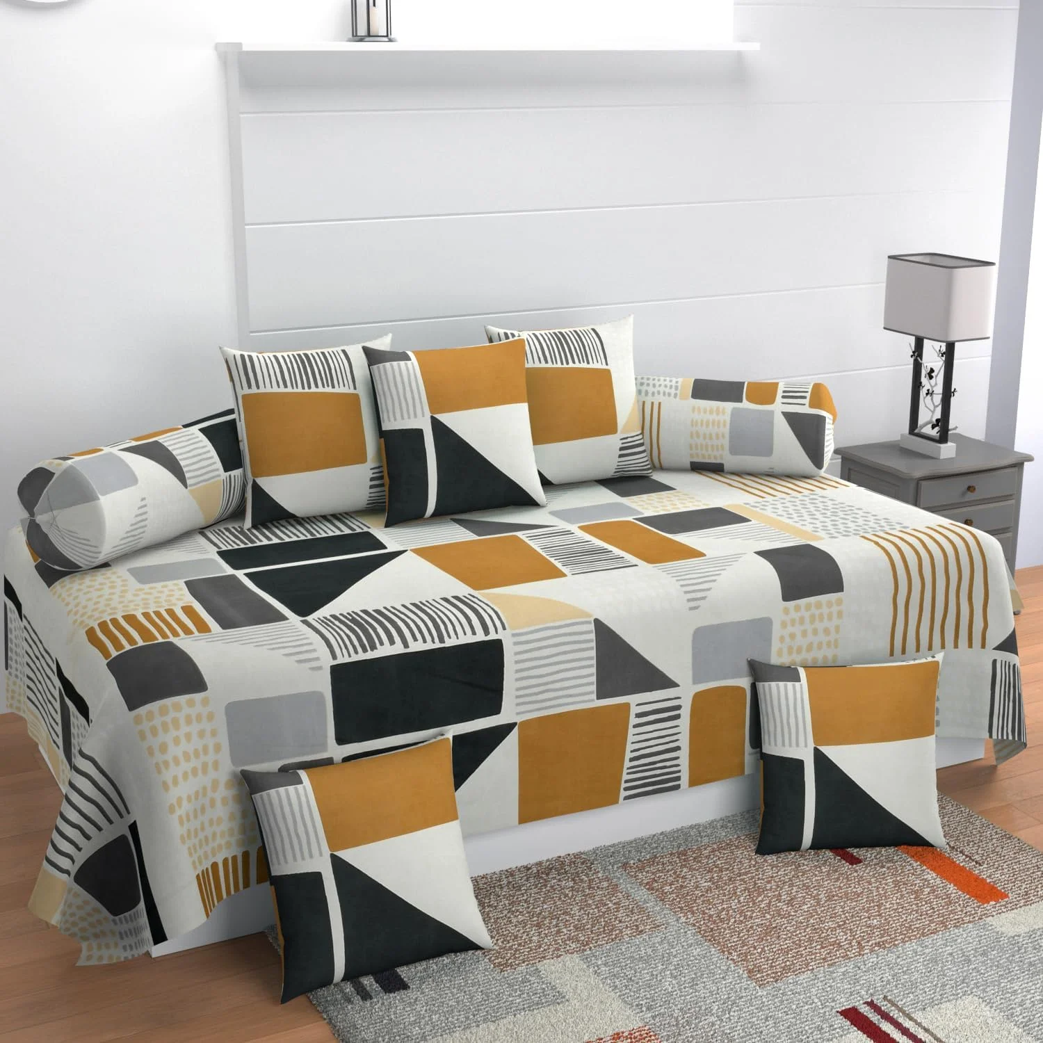 ست دیوان پنبه ای نرم چیلاکیا، 1 عدد روتختی (152 در 228 سانتیمتر)، 5 عدد روکش کوسن (40 در 40 سانتیمتر) و 2 عدد روکش استوانه ای (مجموعه 8 عددی) (چند رنگ)