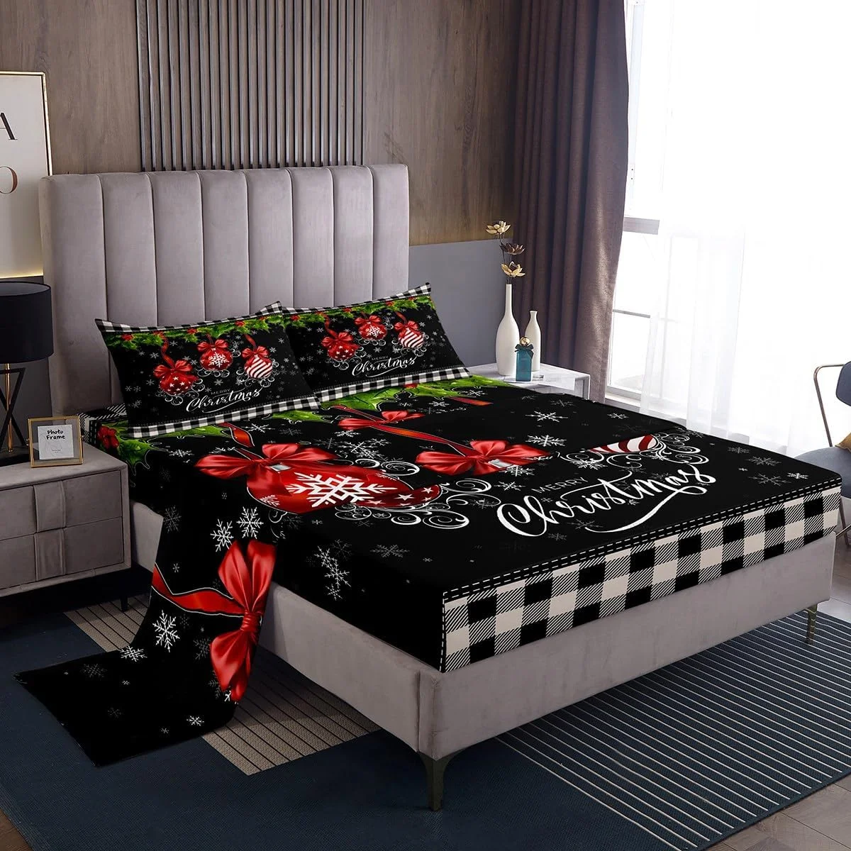 ست ملحفه تختخواب طرح شطرنجی سیاه و سفید سایز کوئین، ست ملحفه اتاق خواب بزرگسالان با طرح های کریسمس، ست روتختی میکروفایبر قرمز و سبز شامل ملحفه رو، ملحفه کش دار و 2 روبالشتی