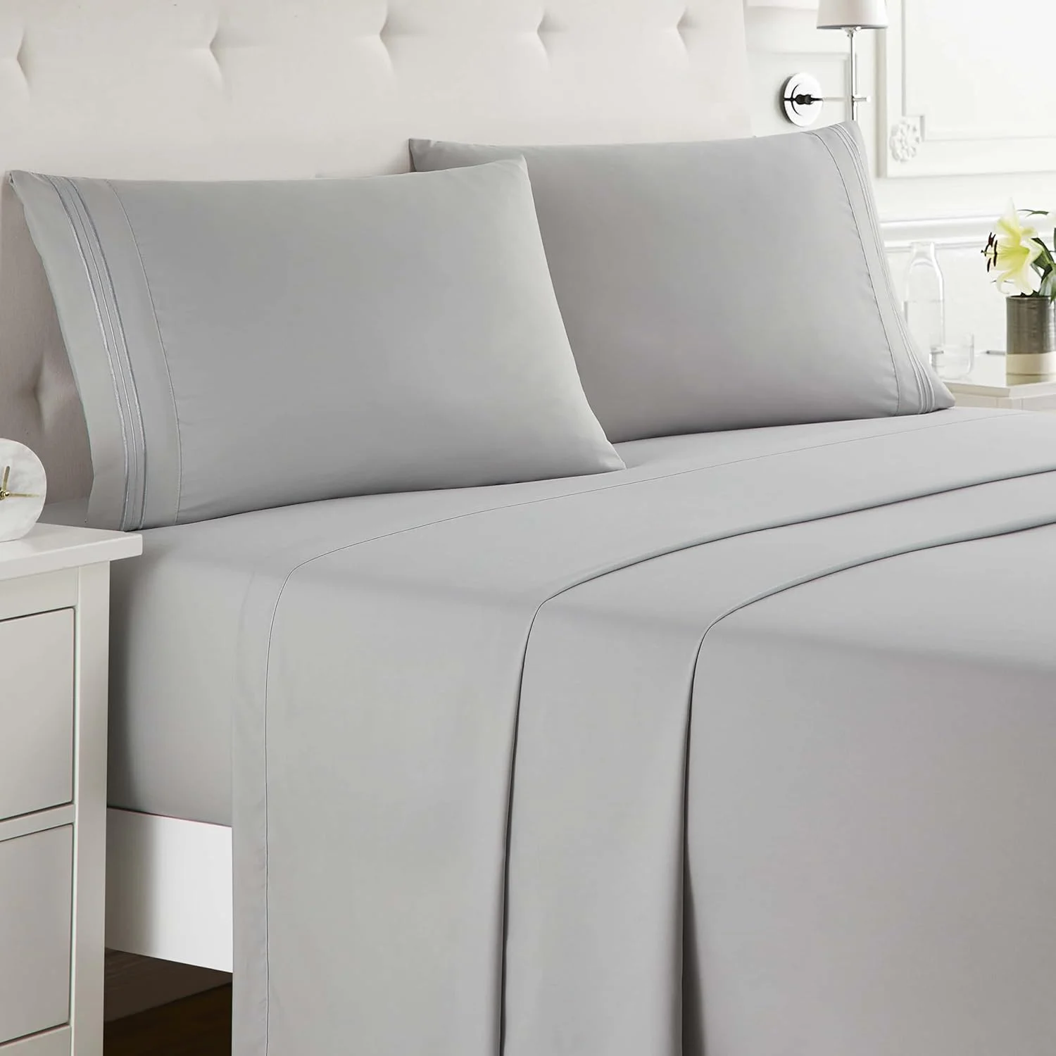 ست ملحفه تخت خواب سایز Full XL کلارا کلارک - مقاوم در برابر چروک، محو شدن و لکه، ملحفه های جیب دار عمیق - ملحفه و روبالشتی های نرم و لوکس، Full XL خاکستری نقره ای