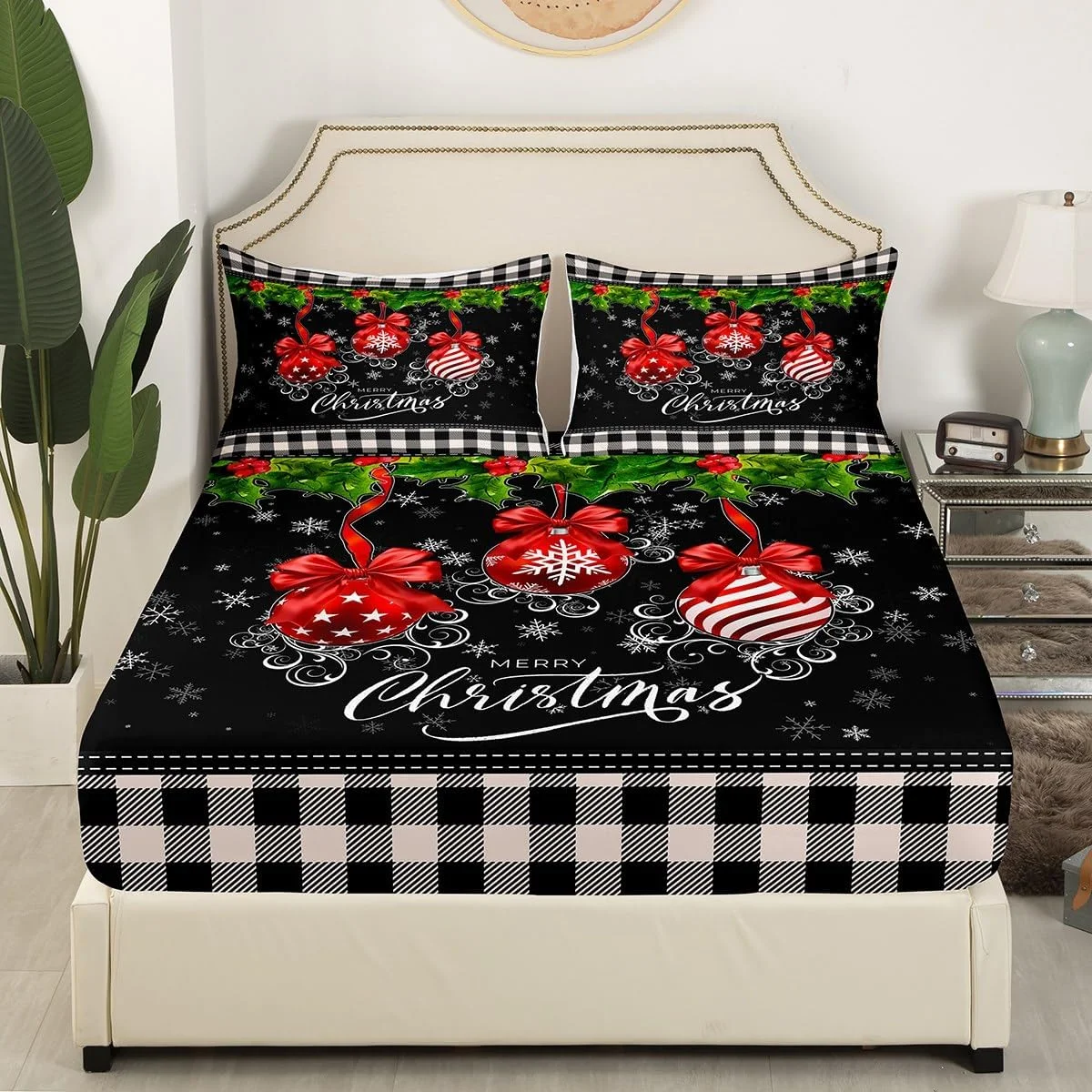 ست ملحفه تختخواب طرح شطرنجی سیاه و سفید سایز کوئین، ست ملحفه اتاق خواب بزرگسالان با طرح های کریسمس، ست روتختی میکروفایبر قرمز و سبز شامل ملحفه رو، ملحفه کش دار و 2 روبالشتی