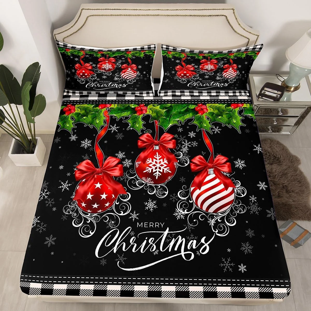 ست ملحفه تختخواب طرح شطرنجی سیاه و سفید سایز کوئین، ست ملحفه اتاق خواب بزرگسالان با طرح های کریسمس، ست روتختی میکروفایبر قرمز و سبز شامل ملحفه رو، ملحفه کش دار و 2 روبالشتی