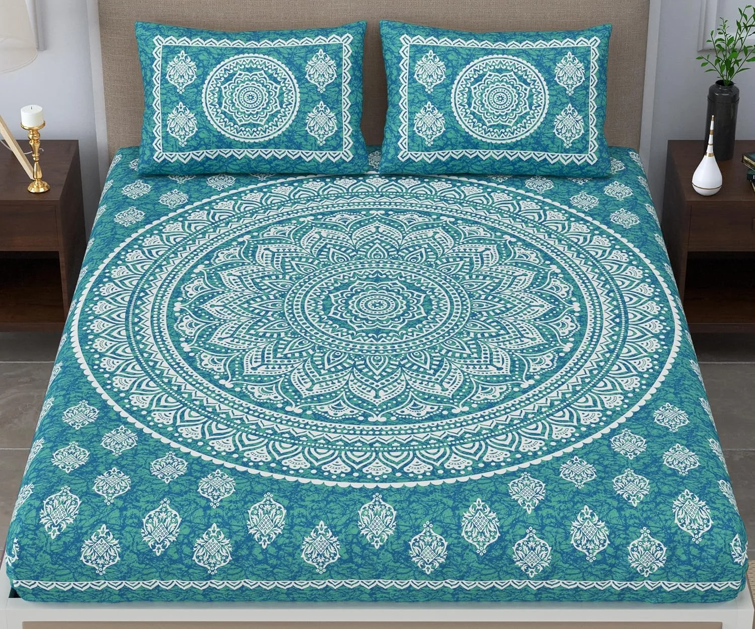 ملحفه دو نفره سایز کینگ طرح ماندالا با روکش بالش، سبز دریایی