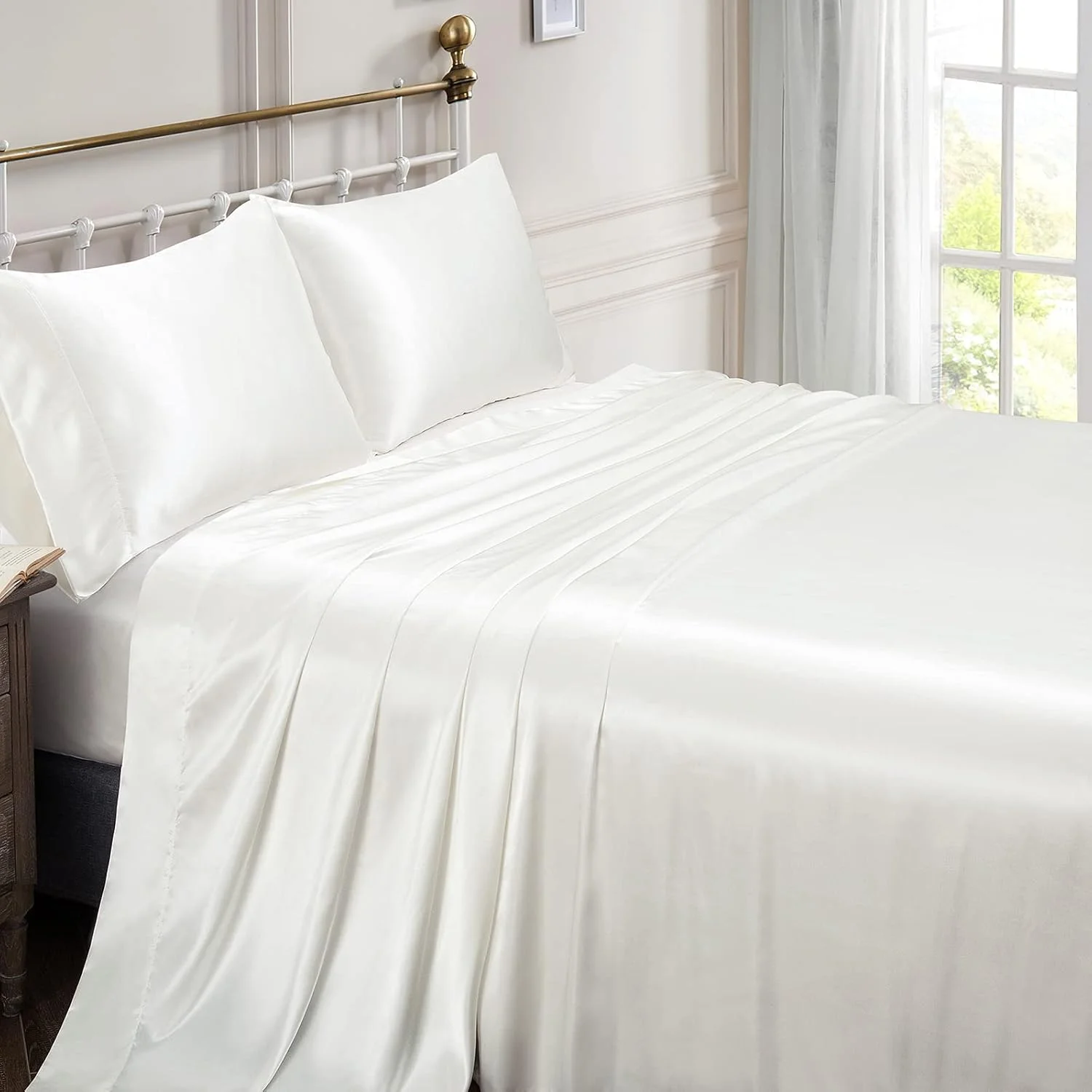 ملحفه های ساتن Vonty سایز کامل، ملحفه های تخت ساتن نرم و ابریشمی، ست ملحفه ساتن سفید عاجی، 1 ملحفه کش دار با جیب عمیق + 1 ملحفه تخت + 2 روبالشی