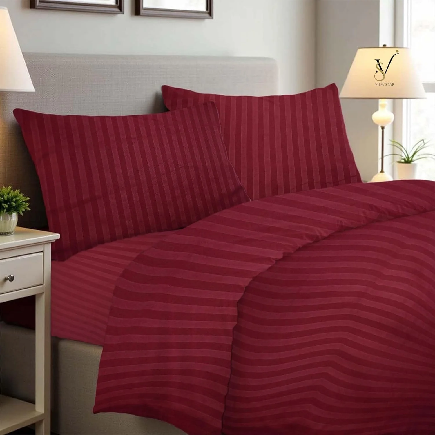ست ملحفه راه راه 4 تکه سایز کینگ Viewstar - روکش لحاف نرم الهام گرفته از هتل، ملحفه کش دار و روبالشتی - ملحفه بزرگ و شیک برای راحتی (زرشکی)