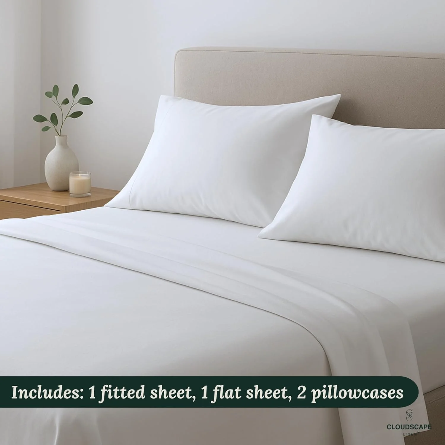 ست ملحفه ابریشمی Cloud Scape - ملحفه های تخت 100% پنبه مصری، ست ملحفه 4 تکه پنبه ای برای تخت سایز کوئین، ملحفه و روبالشتی هتلی، مناسب برای تشک تا 16 اینچ - سفید