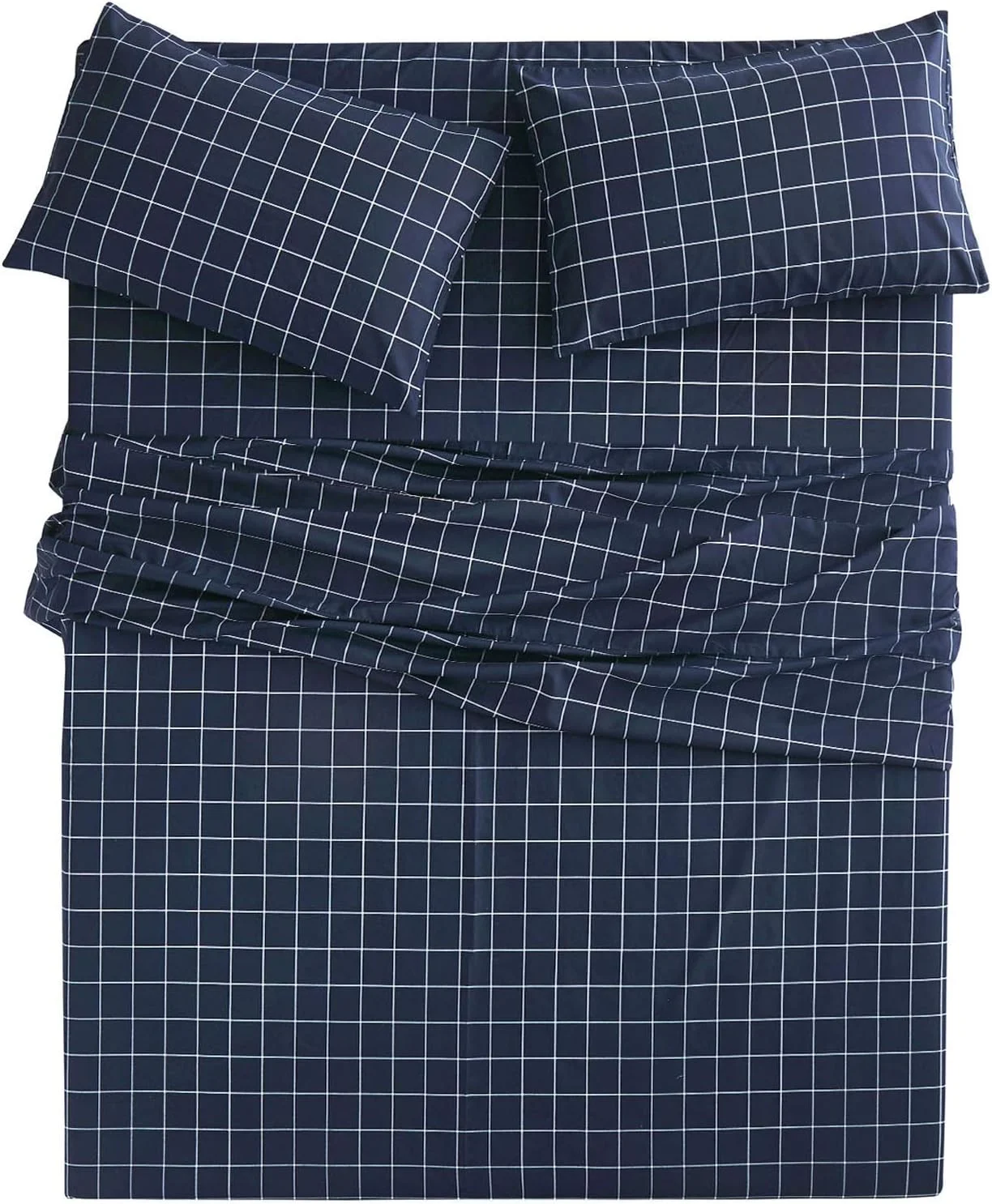 Wake In Cloud - ست ملحفه تخت خواب سایز کامل، ست 4 تکه ملحفه تخت کش دار، جیب عمیق، طرح چهارخانه شطرنجی آبی سرمه ای سفید، طرح هندسی مردانه زیبا، ملحفه میکروفایبر نرم