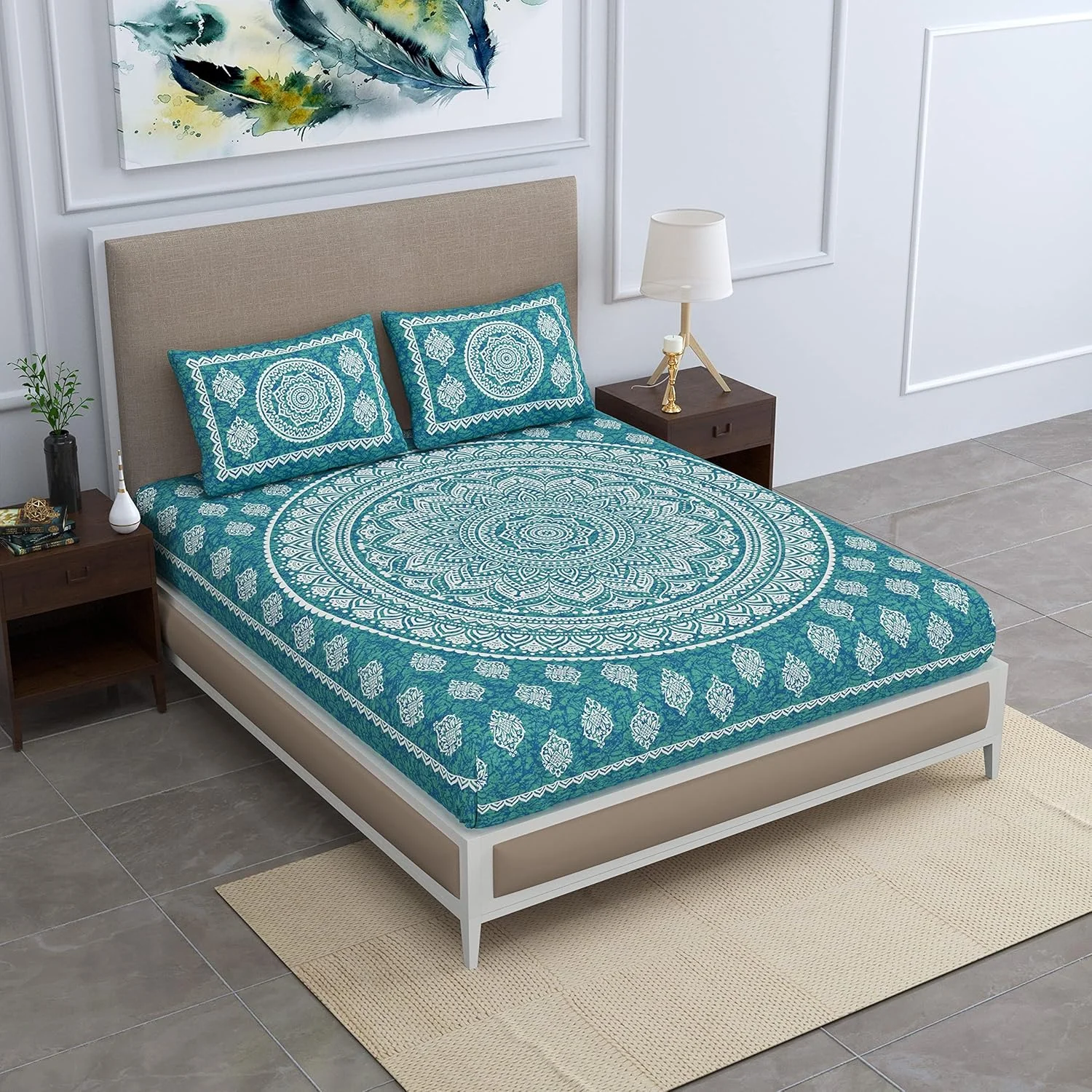 ملحفه دو نفره سایز کینگ طرح ماندالا با روکش بالش، سبز دریایی