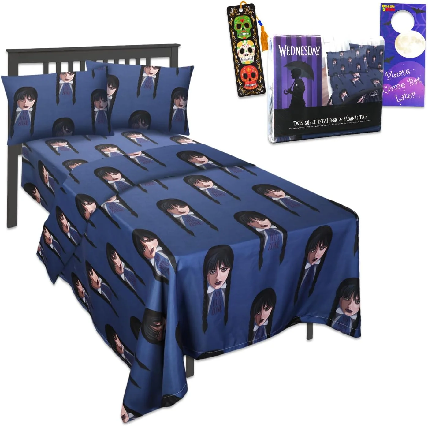 ست ملحفه تخت یک نفره ونزدی آدامز - ست 3 تکه: 1 ملحفه رو، 1 ملحفه کش دار، 1 روبالشتی ونزدی آدامز به همراه نشانگر کتاب و آویز در طرح خفاش ست ملحفه تخت یک نفره ونزدی آدامز - ست 3 تکه: 1 ملحفه رو، 1 ملحفه کش دار، 1 روبالشتی ونزدی آدامز به همراه نشانگر کتاب و آویز در طرح خفاش