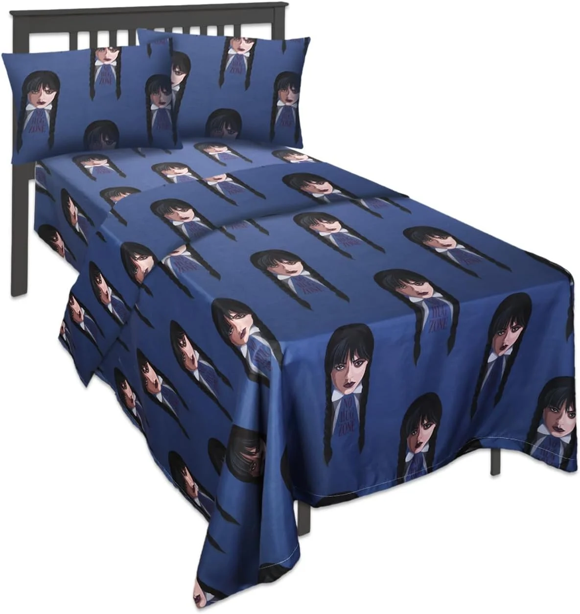 ست ملحفه تخت یک نفره ونزدی آدامز - ست 3 تکه: 1 ملحفه رو، 1 ملحفه کش دار، 1 روبالشتی ونزدی آدامز به همراه نشانگر کتاب و آویز در طرح خفاش