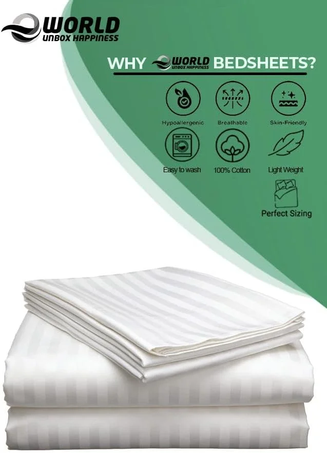 ملحفه تختخواب لوکس ای ورلد - ست ملحفه راه راه سفید (220x240 سانتی متر) - ست 3 تکه شامل 1 ملحفه تخت و 2 روبالشی (50x70 سانتی متر) - میکروفیبر نرم و قابل تنفس برای تمام فصول. (ملحفه سایز بزرگ)