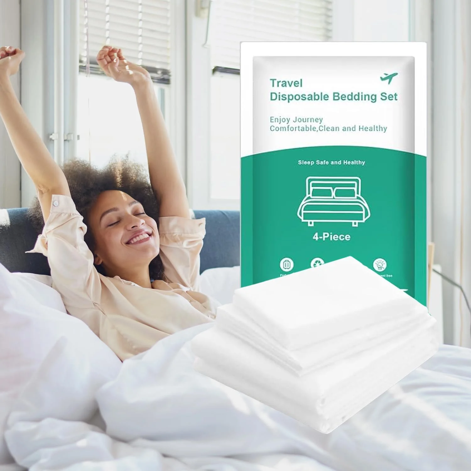 ملحفه های یکبار مصرف مسافرتی برای هتل، ملحفه های مسافرتی یکبار مصرف با 2 ملحفه، 2 روکش لحاف و 4 روبالشی برای سفر کاری، هتل، اسپا (4 عدد)