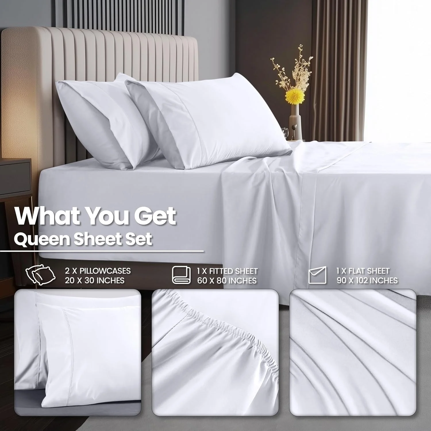 ست ملحفه کویین یوتوپیا بدینگ – ملحفه های 4 تکه میکروفایبر نرم و لطیف مناسب هتل با جیب های عمیق - روبالشتی های گلدوزی شده - ملحفه کش دار با جیب کناری - ملحفه تخت (سفید) ست ملحفه کویین یوتوپیا بدینگ – ملحفه های 4 تکه میکروفایبر نرم و لطیف مناسب هتل با جیب های عمیق - روبالشتی های گلدوزی شده - ملحفه کش دار با جیب کناری - ملحفه تخت (سفید)