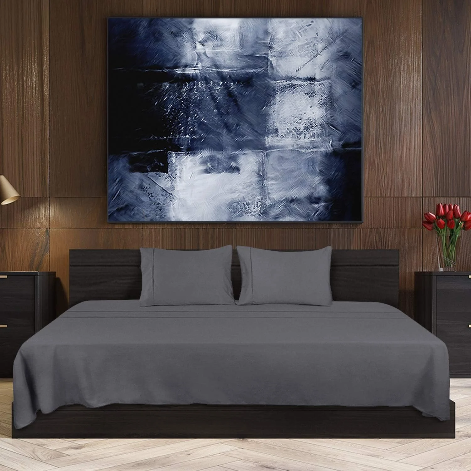 ست ملحفه تخت خواب کینگ یوتوپیا بدینگ، خاکستری، 4 تکه - ملحفه کش دار، ملحفه تخت و 2 روبالشتی 50x75 - مقاوم در برابر چروک، ساییدگی و رنگ رفتگی - پارچه میکروفیبر پلی استر برس خورده نرم