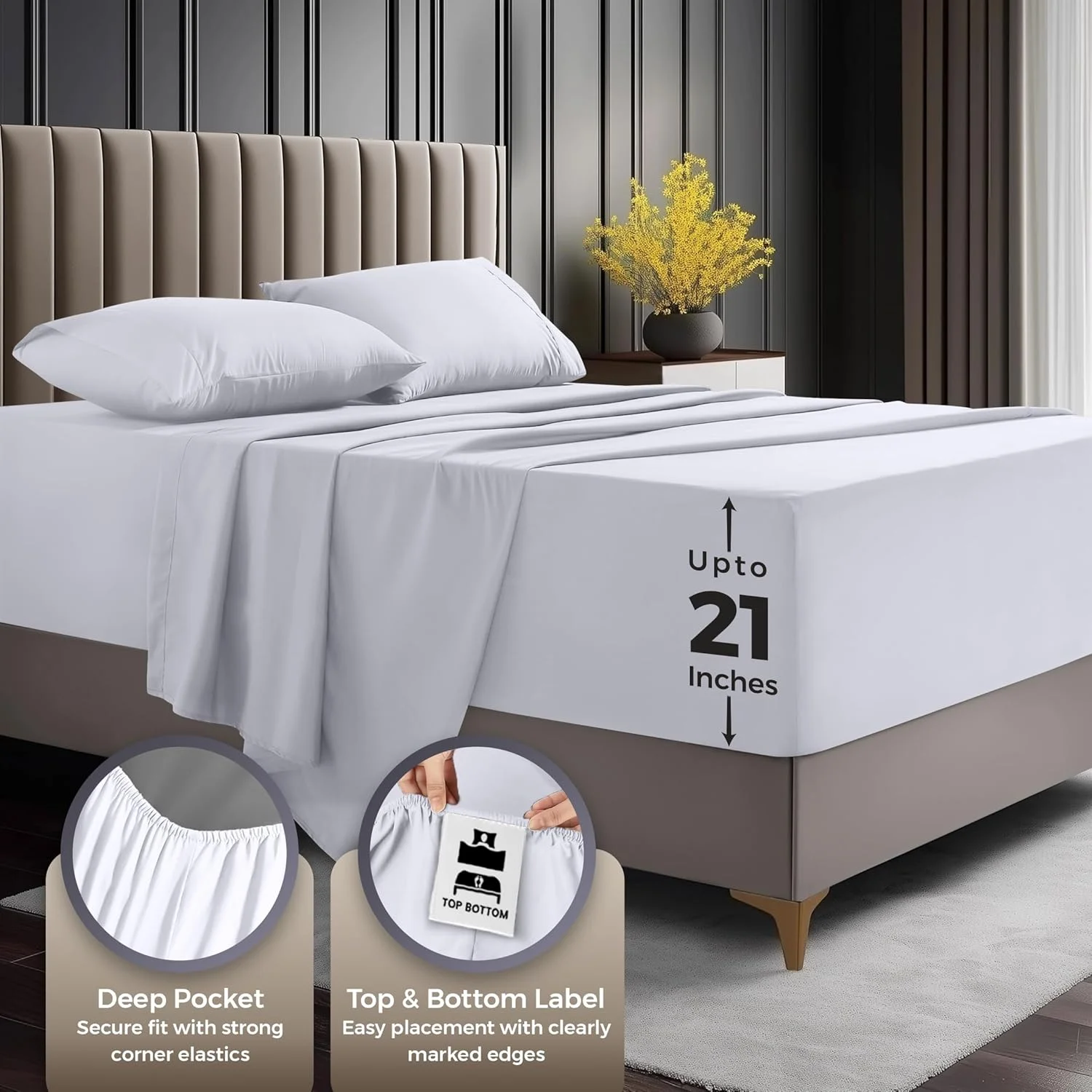 ست ملحفه کویین یوتوپیا بدینگ – ملحفه های 4 تکه میکروفایبر نرم و لطیف مناسب هتل با جیب های عمیق - روبالشتی های گلدوزی شده - ملحفه کش دار با جیب کناری - ملحفه تخت (سفید) ست ملحفه کویین یوتوپیا بدینگ – ملحفه های 4 تکه میکروفایبر نرم و لطیف مناسب هتل با جیب های عمیق - روبالشتی های گلدوزی شده - ملحفه کش دار با جیب کناری - ملحفه تخت (سفید)