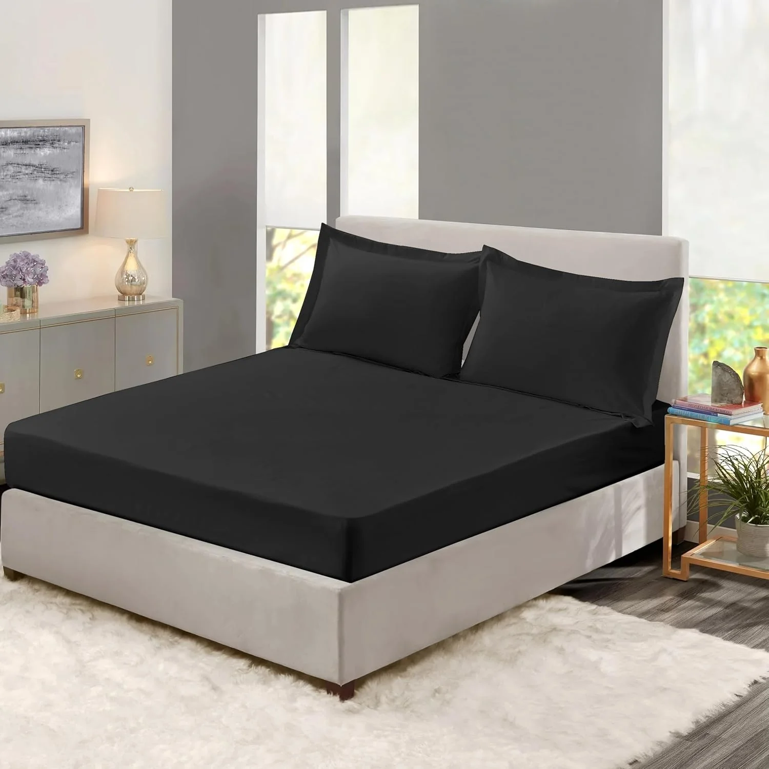 ملحفه کش دار سوپر کینگ سایز 200X200+30 سانتی متر و 2 عدد روبالشتی آکسفورد 50x75+5 سانتی متر | ست 3 تکه | مقاوم در برابر لک و رنگ رفتگی | پارچه میکروفیبر برس خورده نرم با کیفیت هتلی | جیب عمیق 30 سانتی متری (مشکی)