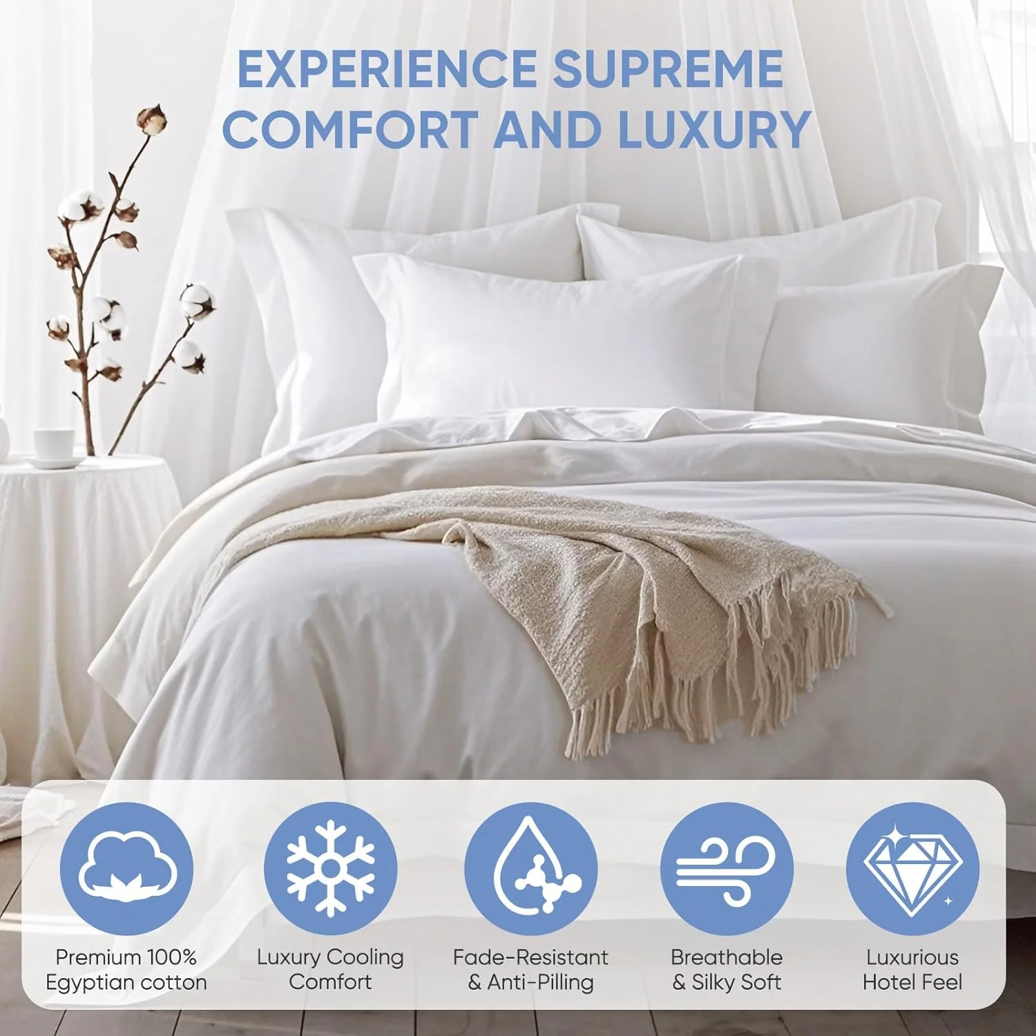 ست ملحفه تخت خواب پنبه ای مصری 100% مدل TWK 1200 TC، جیب عمیق با درزهای تقویت شده الاستیک، ملحفه های نرم و راحت (سفید، کینگ)