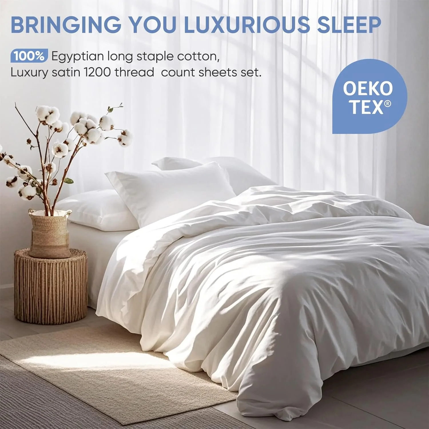 ست ملحفه تخت خواب پنبه ای مصری 100% مدل TWK 1200 TC، جیب عمیق با درزهای تقویت شده الاستیک، ملحفه های نرم و راحت (سفید، کینگ)