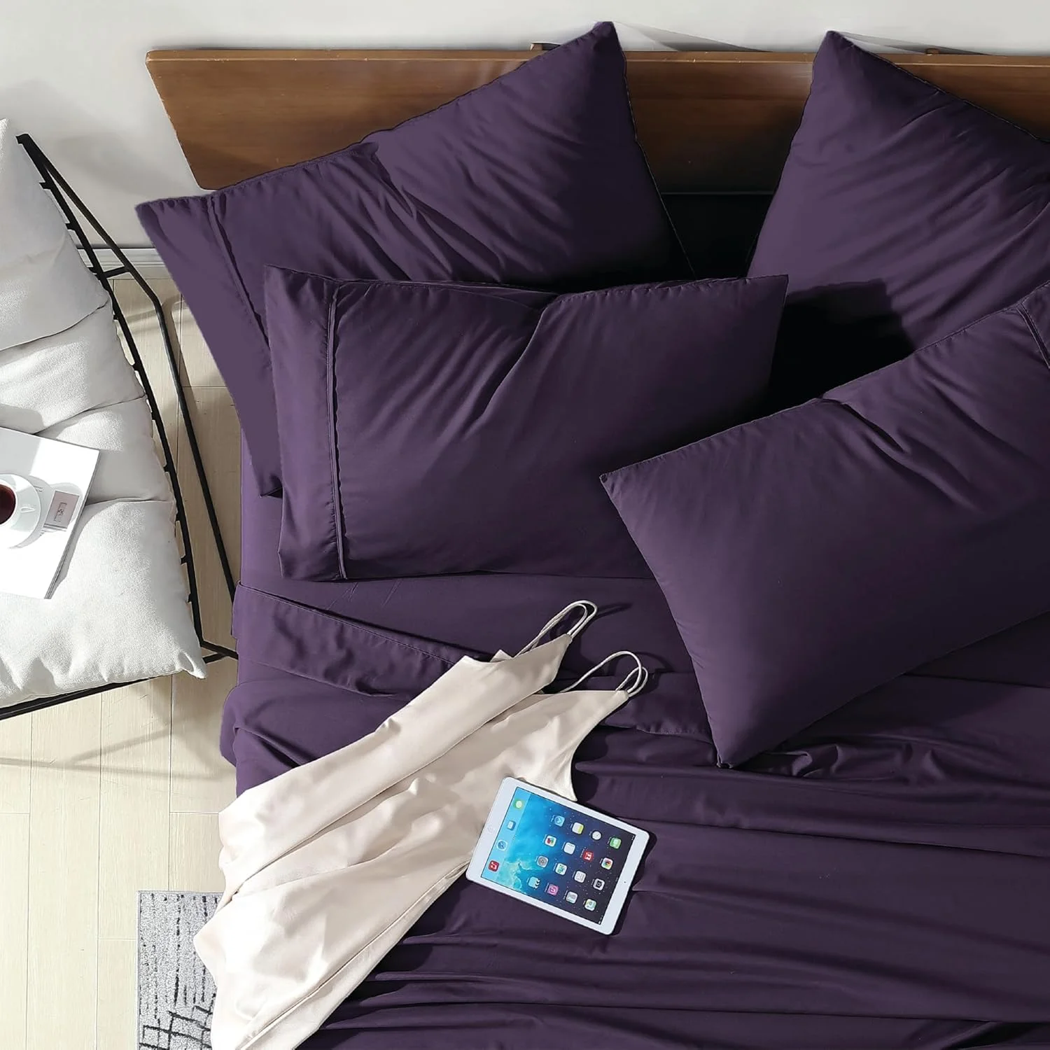 ست ملحفه 6 تکه بسیار نرم از جنس میکروفایبر برس خورده سویفت هوم، بسیار بادوام - اندازه آسان - مقاوم در برابر چروک - (شامل 2 روبالشتی اضافی)، سایز کویین، بادمجانی