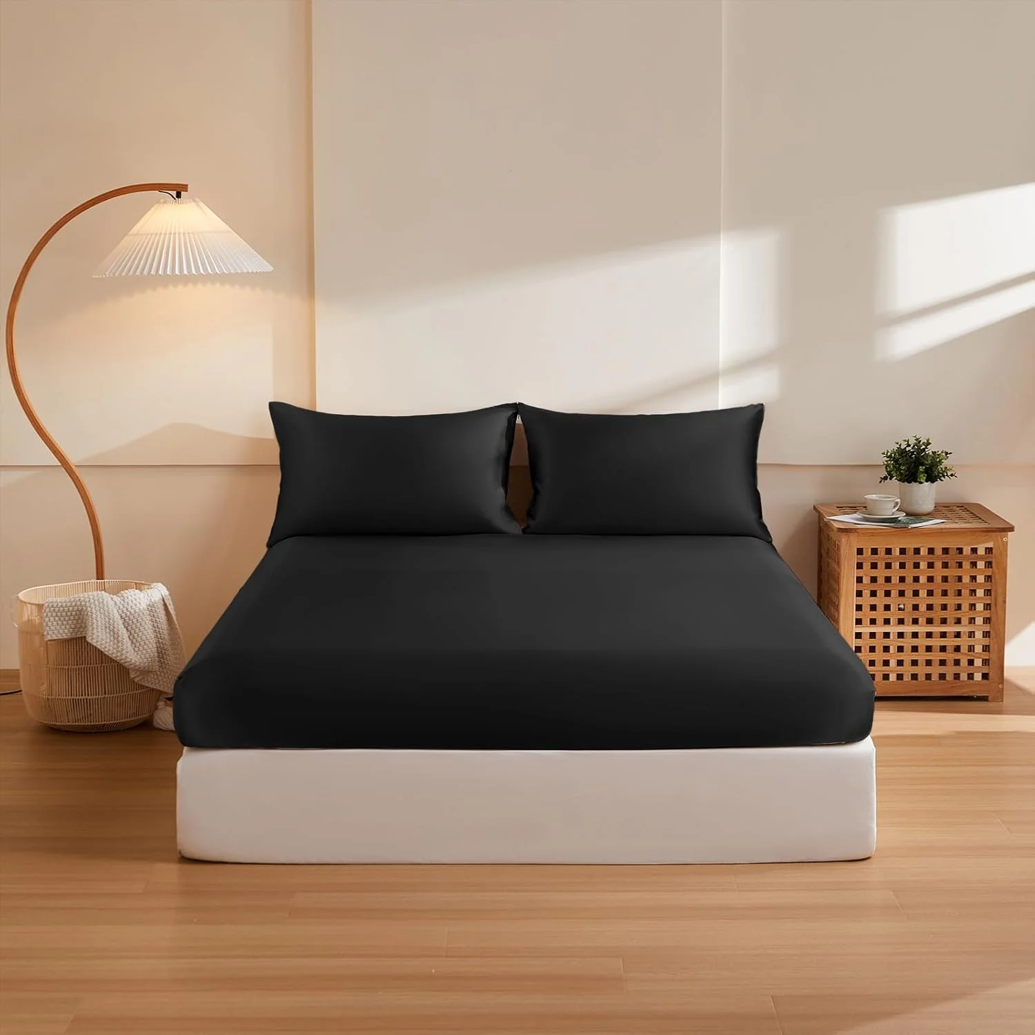 ست ملحفه ابریشمی دونفره THXSILK، ست 3 تکه، ملحفه تخت ابریشم خالص توت درجه 6A+، ملحفه روتختی لوکس برای مو و پوست، 1 ملحفه کش دار با 2 روبالشی، مشکی