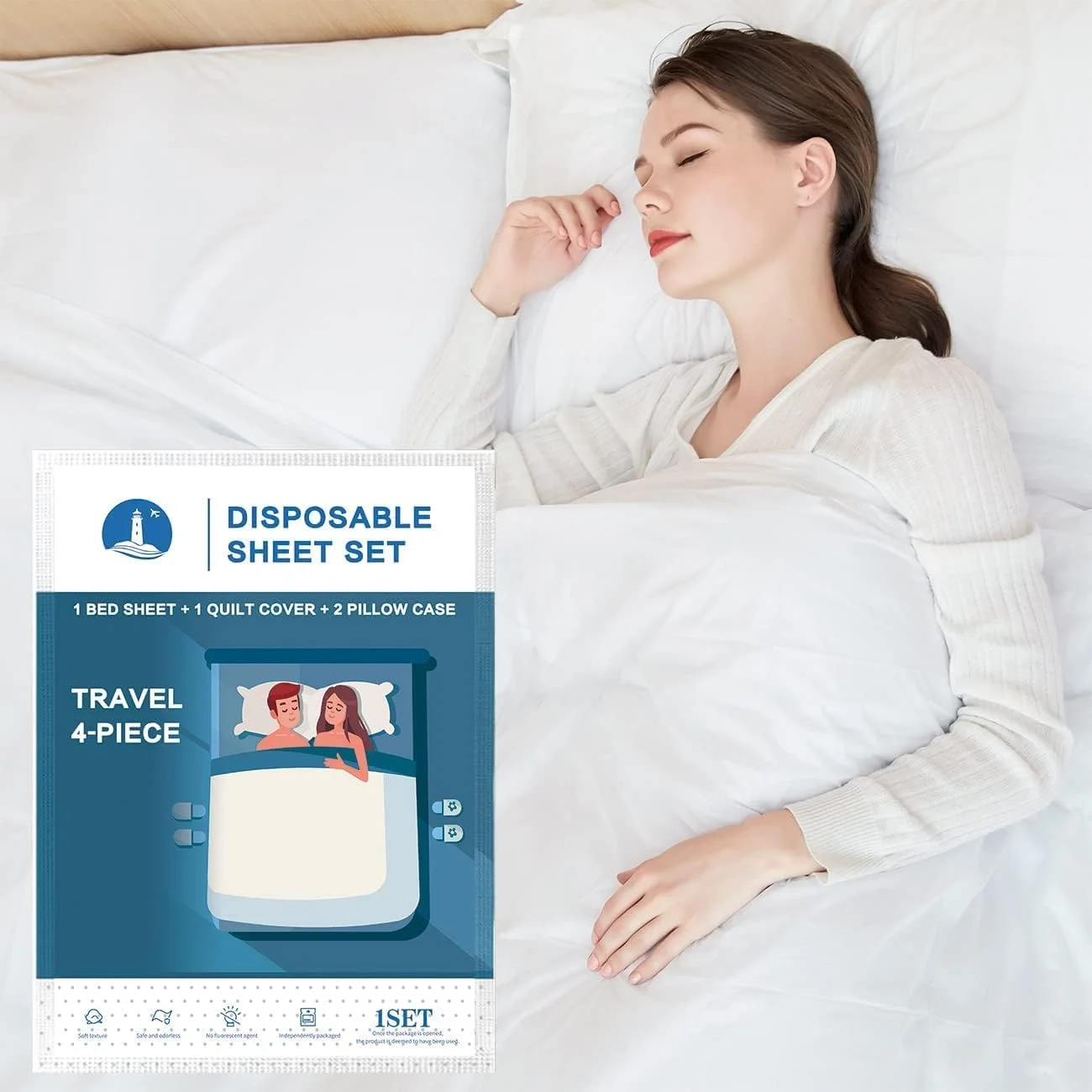 ست ملحفه یکبار مصرف مسافرتی 4 تکه شامل ملحفه، روکش لحاف و روبالشتی، مناسب برای سفر و هتل، ست ملحفه یکبار مصرف قابل حمل