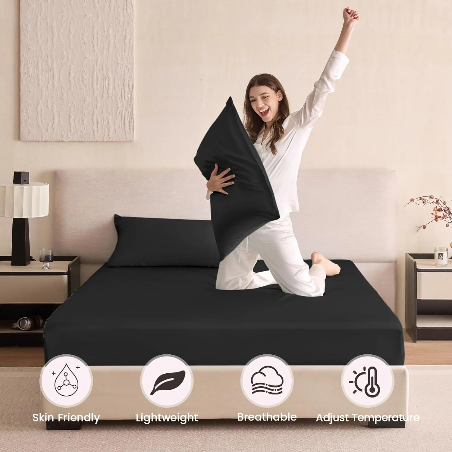 ست ملحفه ابریشمی دونفره THXSILK، ست 3 تکه، ملحفه تخت ابریشم خالص توت درجه 6A+، ملحفه روتختی لوکس برای مو و پوست، 1 ملحفه کش دار با 2 روبالشی، مشکی ست ملحفه ابریشمی دونفره THXSILK، ست 3 تکه، ملحفه تخت ابریشم خالص توت درجه 6A+، ملحفه روتختی لوکس برای مو و پوست، 1 ملحفه کش دار با 2 روبالشی، مشکی