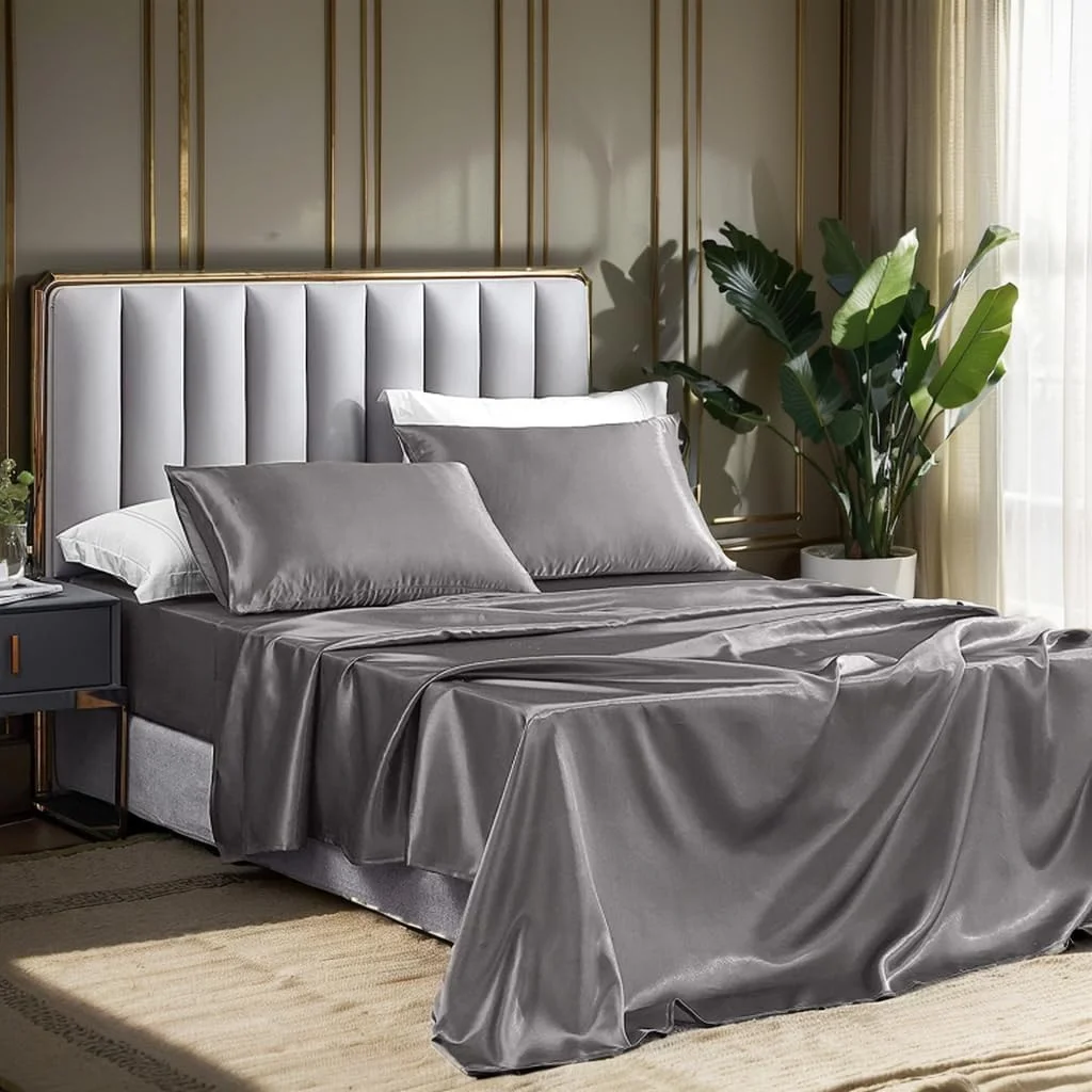 ست ملحفه ساتن 4 تکه سایز کوئین، ست ملحفه تخت ساتن ابریشمی با عمق زیاد شامل 1 ملحفه کش‌دار، 1 ملحفه تخت و 2 روبالشی - مقاوم در برابر چروک، رنگ‌پریدگی و لکه (خاکستری)