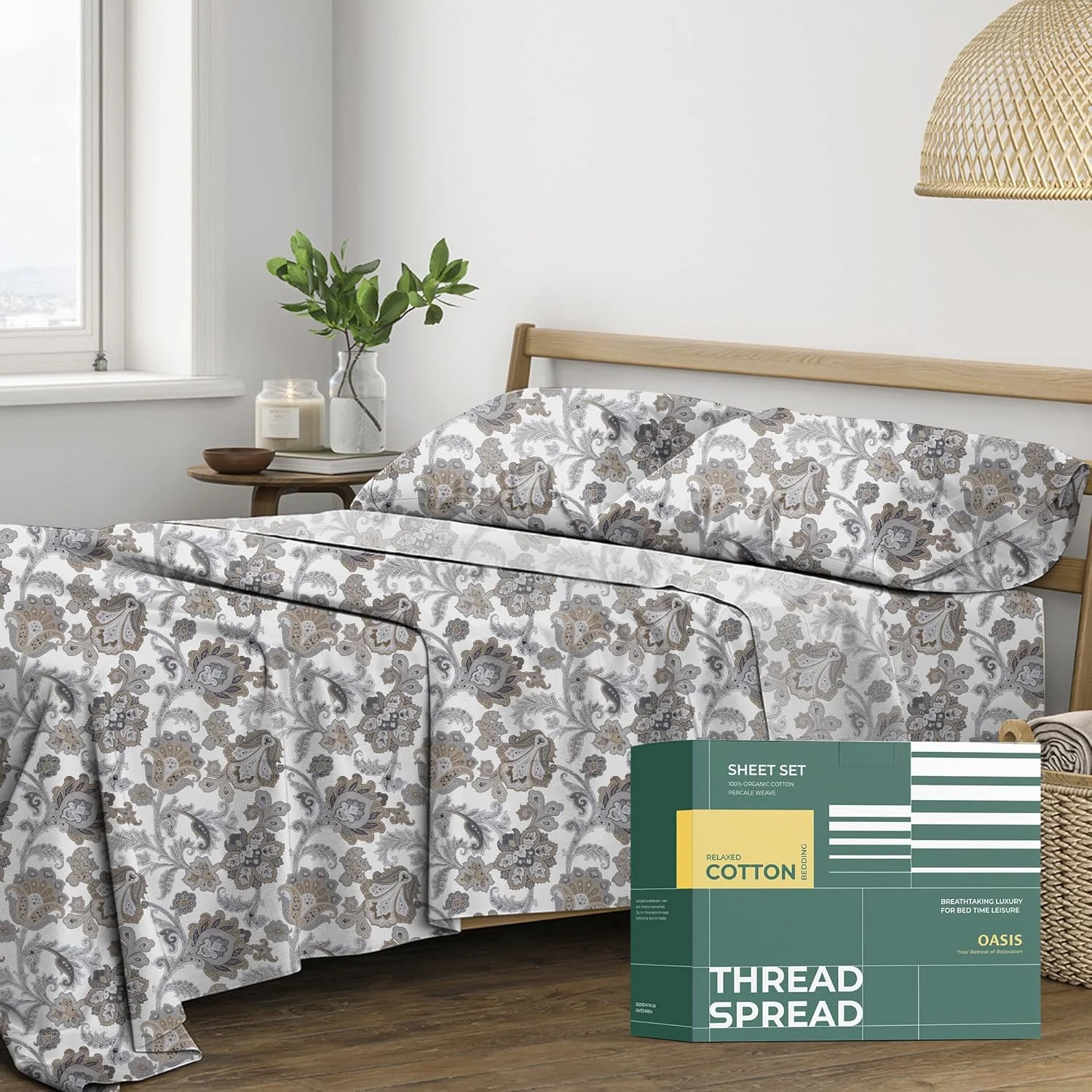 ملحفه های چاپی پنبه ارگانیک ۱۰۰٪ ترد اسپرد سایز Twin XL - ست ملحفه های پرکال پنبه ارگانیک ۳ تکه Twin XL (گلدار عاجی)، ملحفه خنک کننده برای اتاق خوابگاه، ست هتلی با عمق ۱۶ اینچ - دارای گواهینامه GOTS