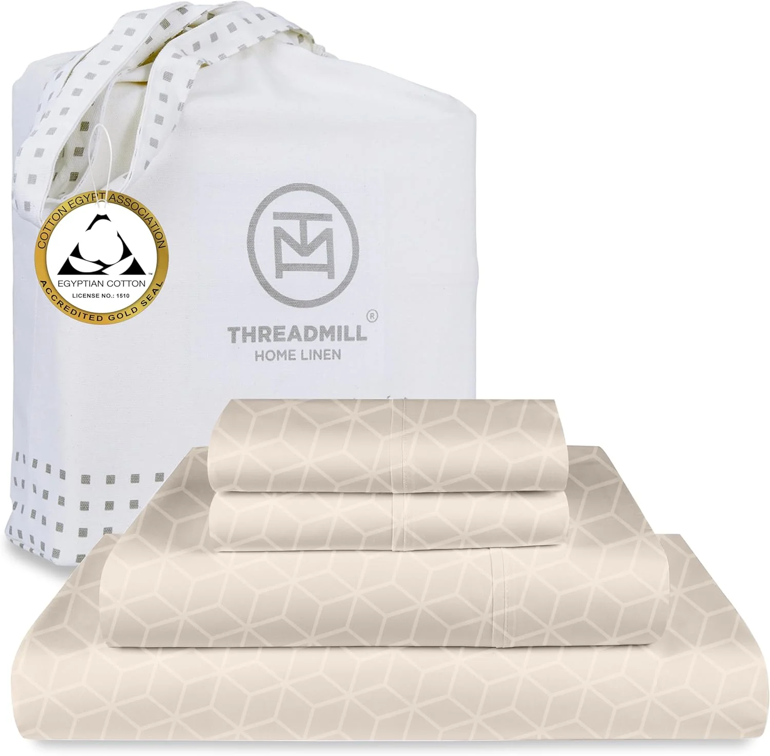 ملحفه های تخت کینگ سایز از جنس پنبه مصری ترید میل هوم لینن | ست ملحفه تخت کینگ 100% پنبه مصری تایید شده | ملحفه های کینگ با جیب عمیق الاستیک و نرم و قابل تنفس با طرح ژاکارد دمشقی | بژ