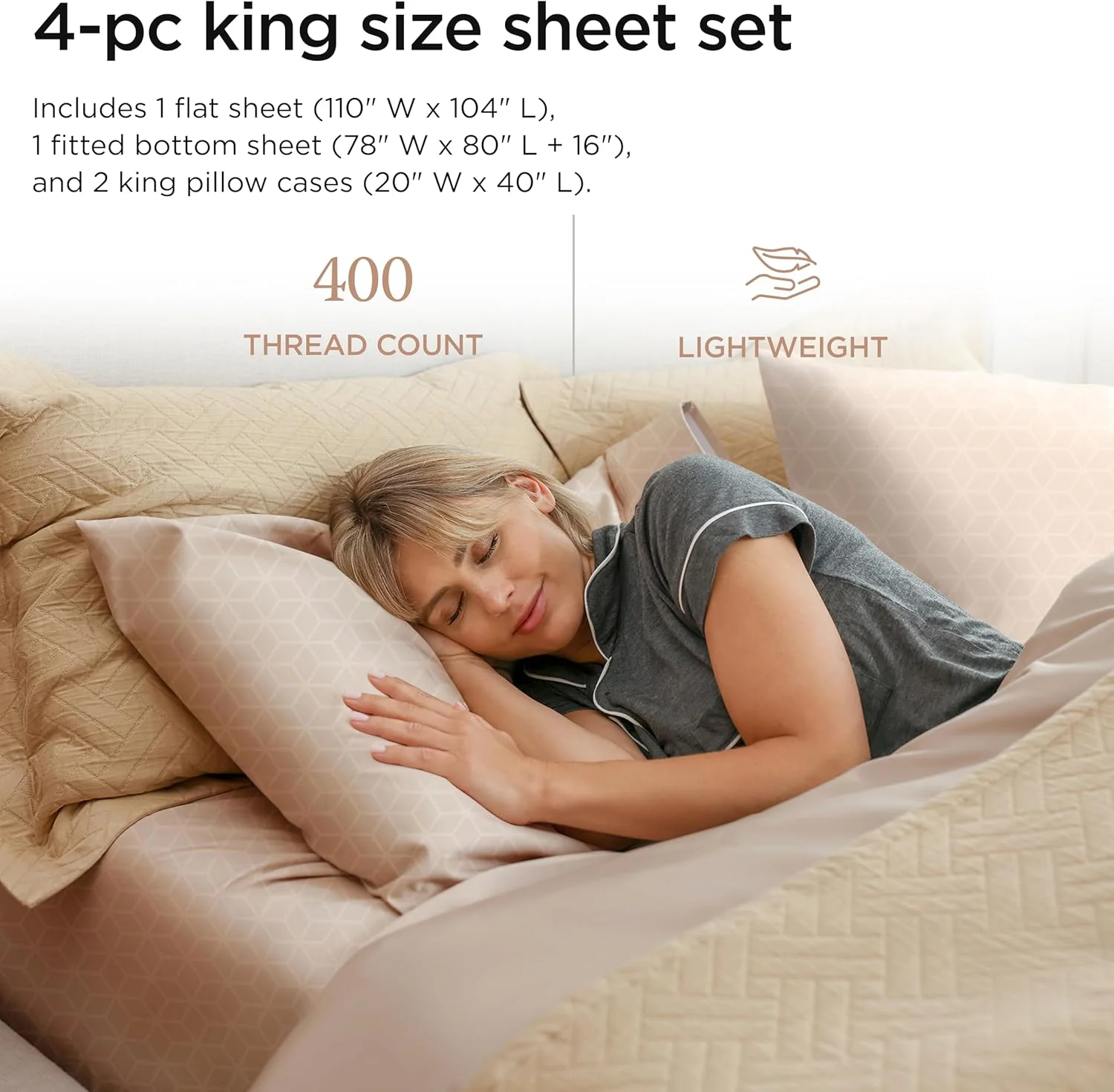 ملحفه های تخت کینگ سایز از جنس پنبه مصری ترید میل هوم لینن | ست ملحفه تخت کینگ 100% پنبه مصری تایید شده | ملحفه های کینگ با جیب عمیق الاستیک و نرم و قابل تنفس با طرح ژاکارد دمشقی | بژ