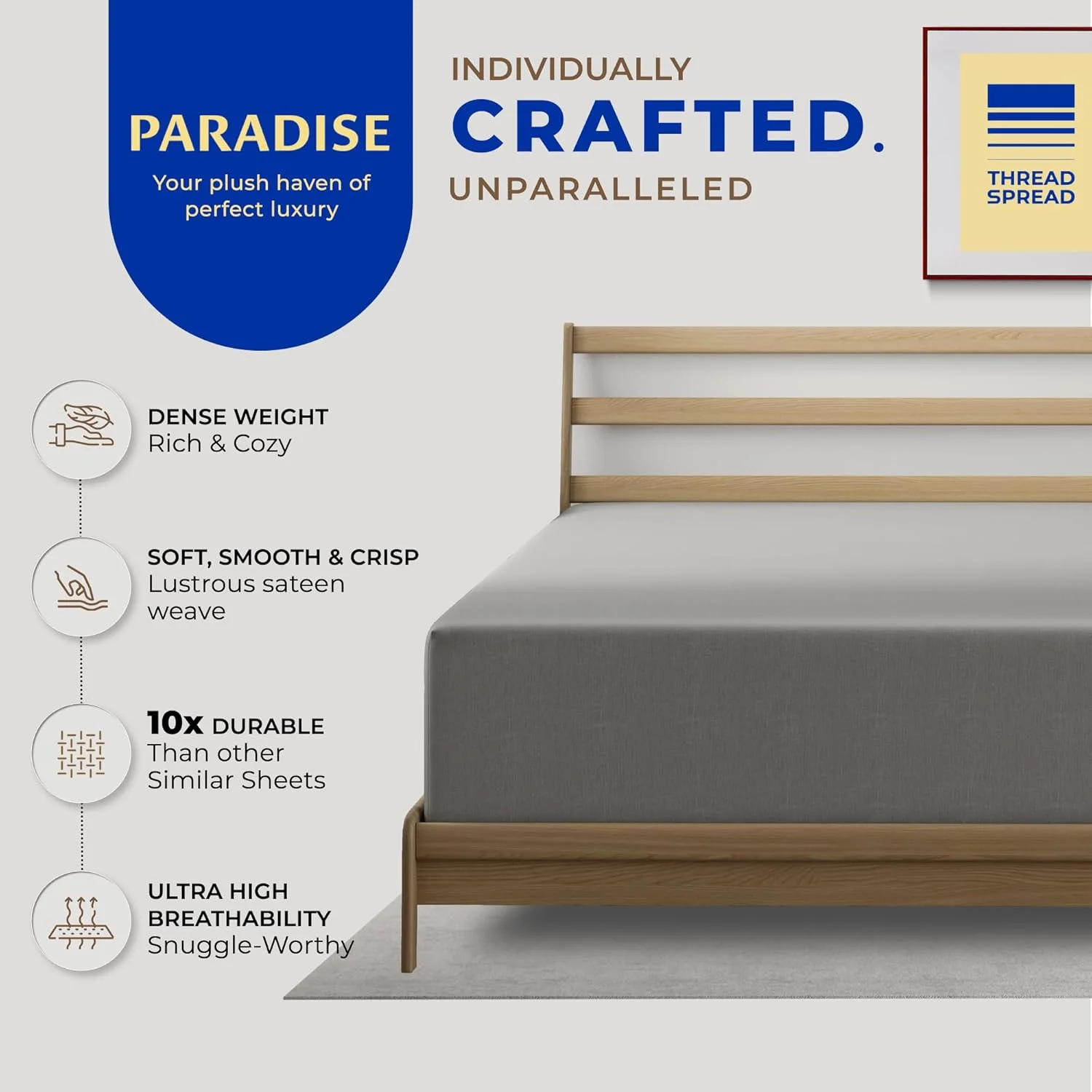 ملحفه کش‌دار کینگ پنبه مصری لوکس با تراکم 1000، ملحفه کش‌دار کینگ با جیب عمیق 16 اینچی، نرم، خنک، بافت ساتن، ملحفه کش‌دار کینگ سایز با الیاف بلند - خاکستری تیره