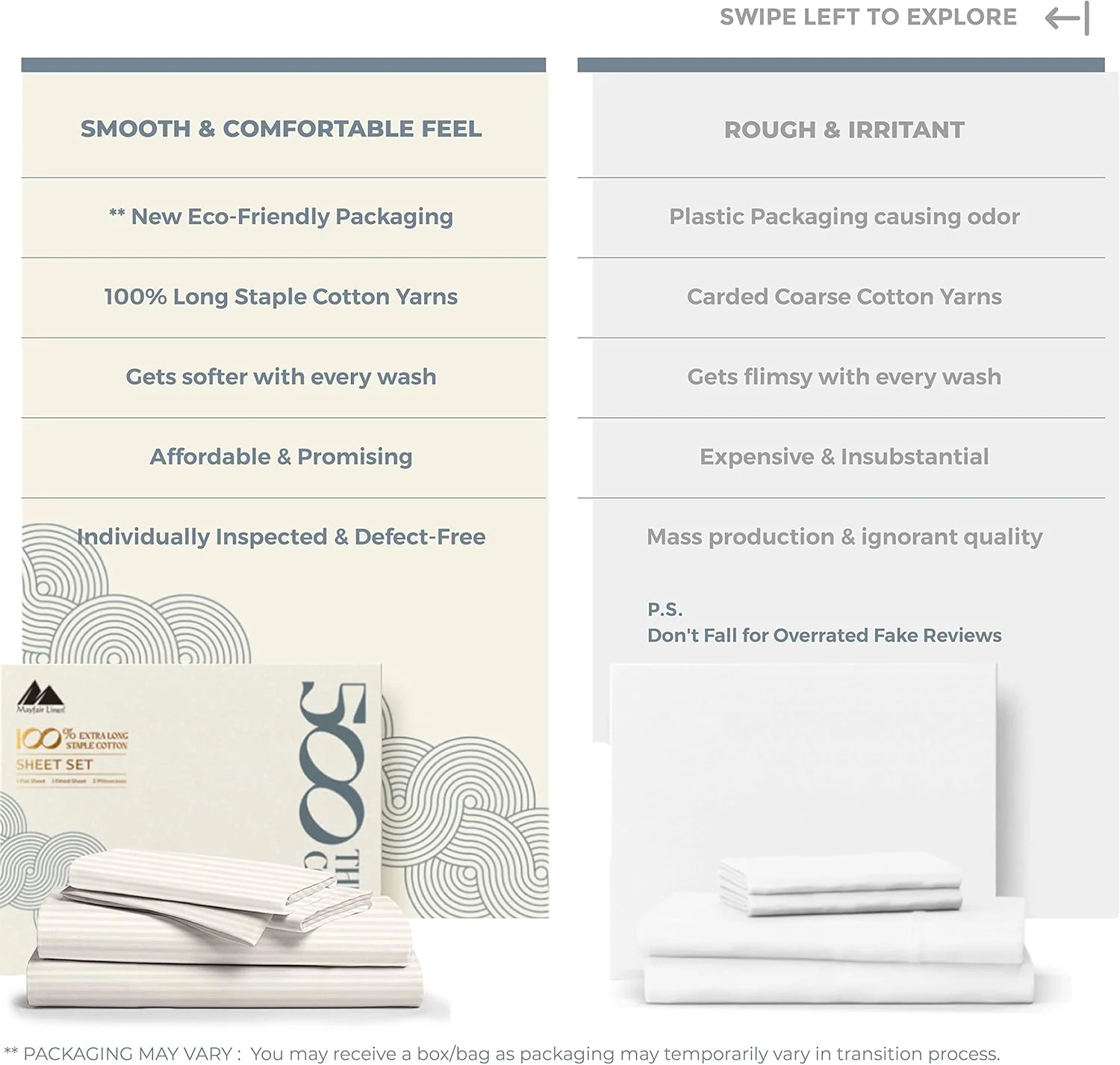 ست ملحفه راه راه 500 نخ از جنس پنبه مصری 100% - ملحفه کالیفرنیا کینگ از جنس پنبه الیاف بلند بژ، مناسب برای تشک تا عمق 16 اینچ، ملحفه با بافت ساتن نرم و ابریشمی