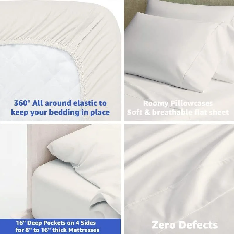 ملحفه تخت خواب پنبه ای 600 نخ مناسب تخت RV King | ست ملحفه 4 تکه نرم، لطیف، خنک و تنفس پذیر | مناسب تشک تا عمق 40 سانتیمتر - رنگ کرم